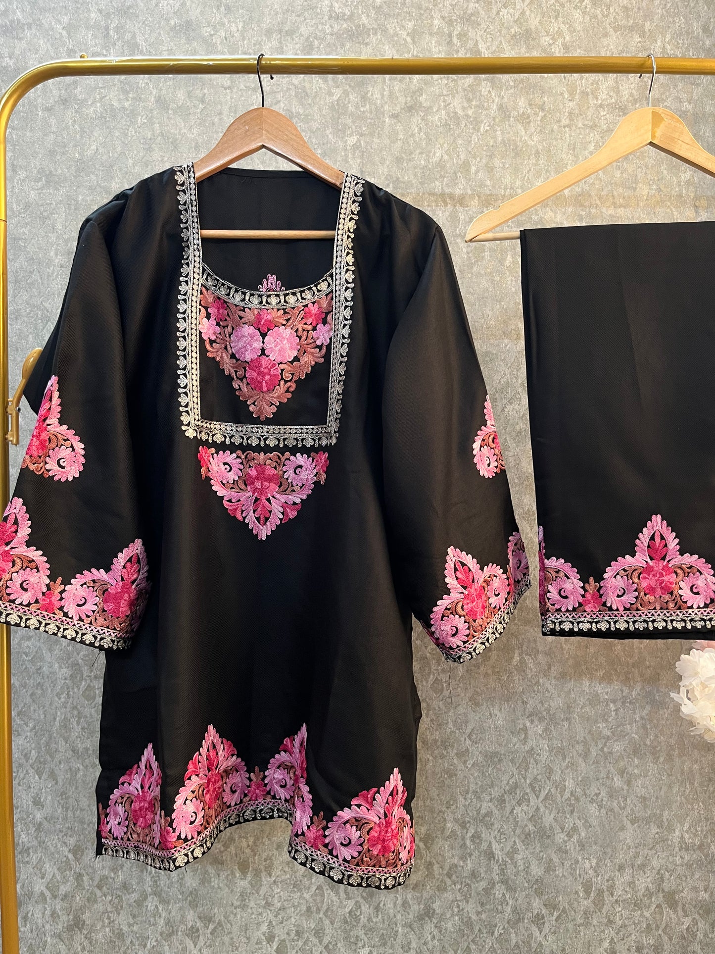 Black  Woollen Kashmiri Co-Ord Set ( Size 44)