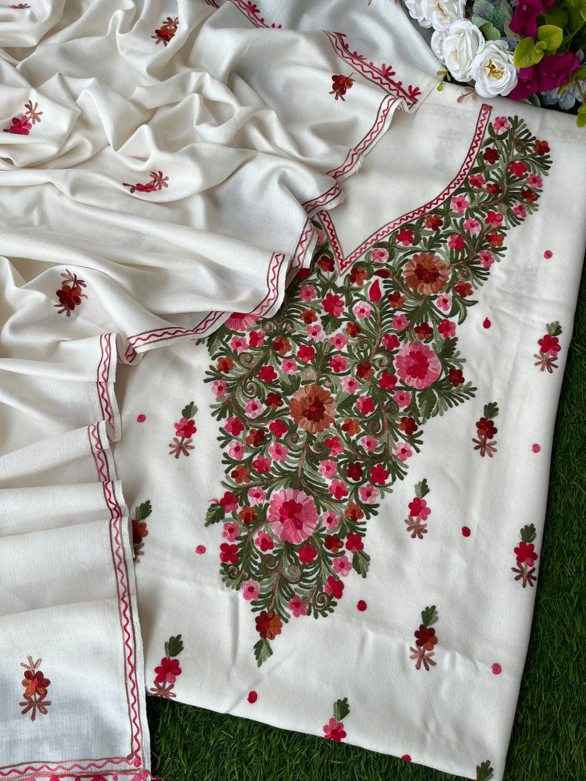 Off White Woollen Aari Embroidered 3pc suit