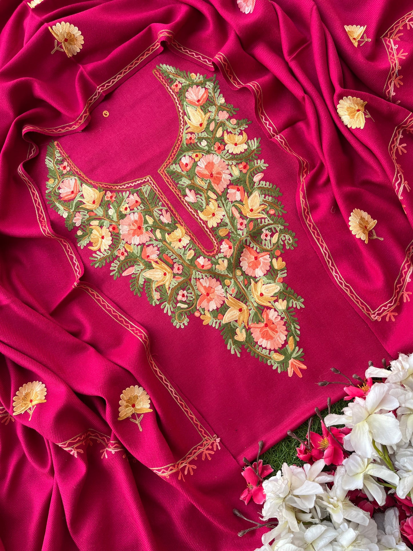Hot pink Woollen Aari Embroidered 3pc suit