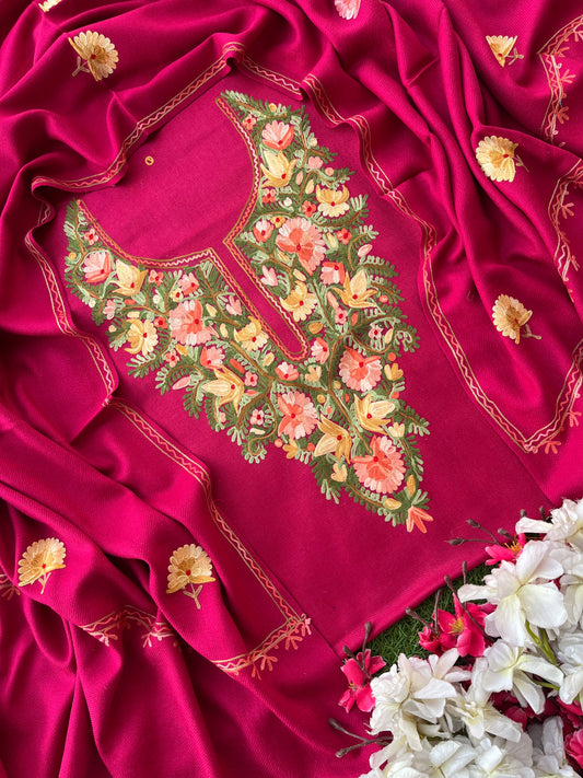 Hot pink Woollen Aari Embroidered 3pc suit