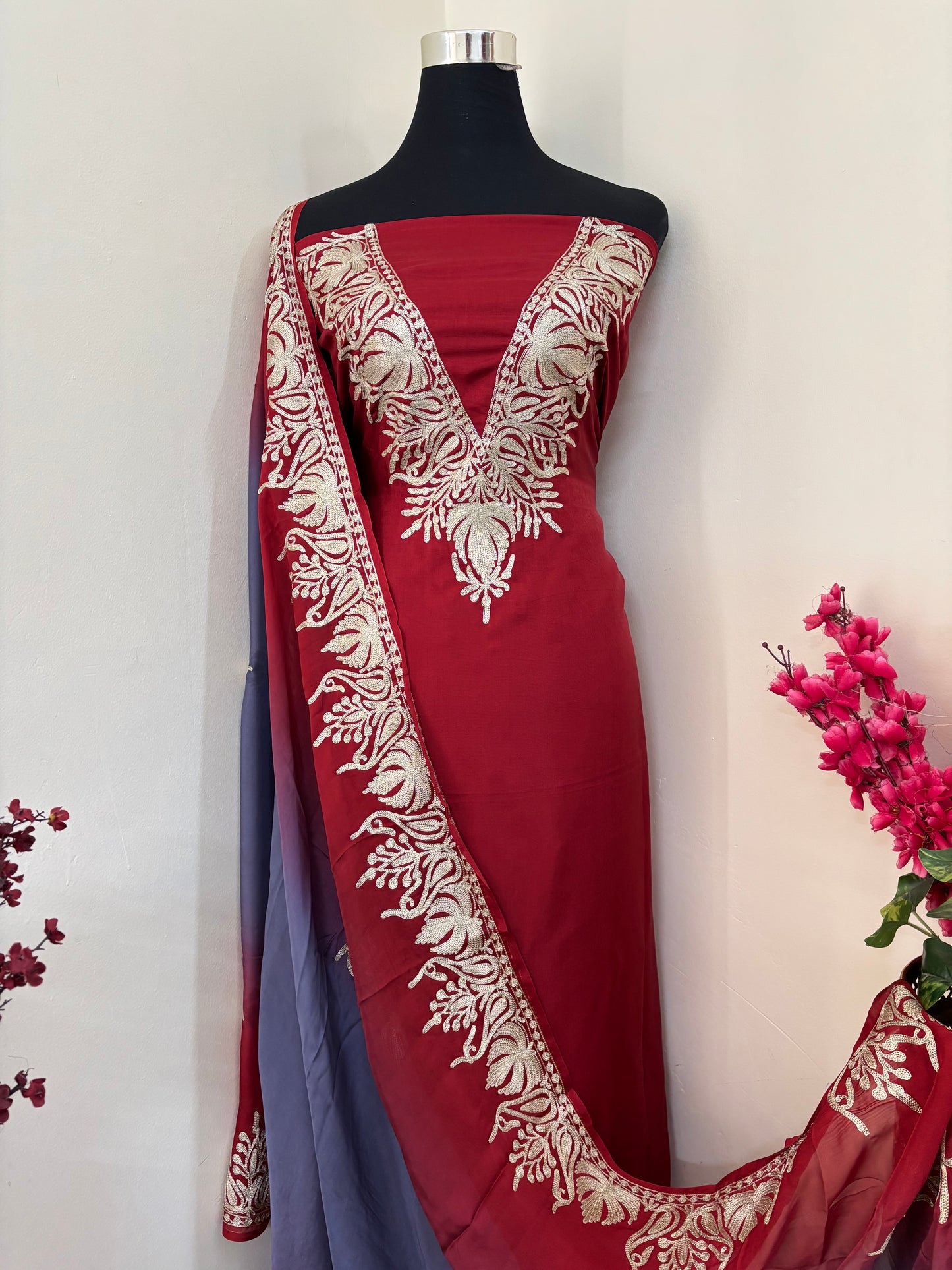 Sanam Maroon Silk Kashmiri Suit