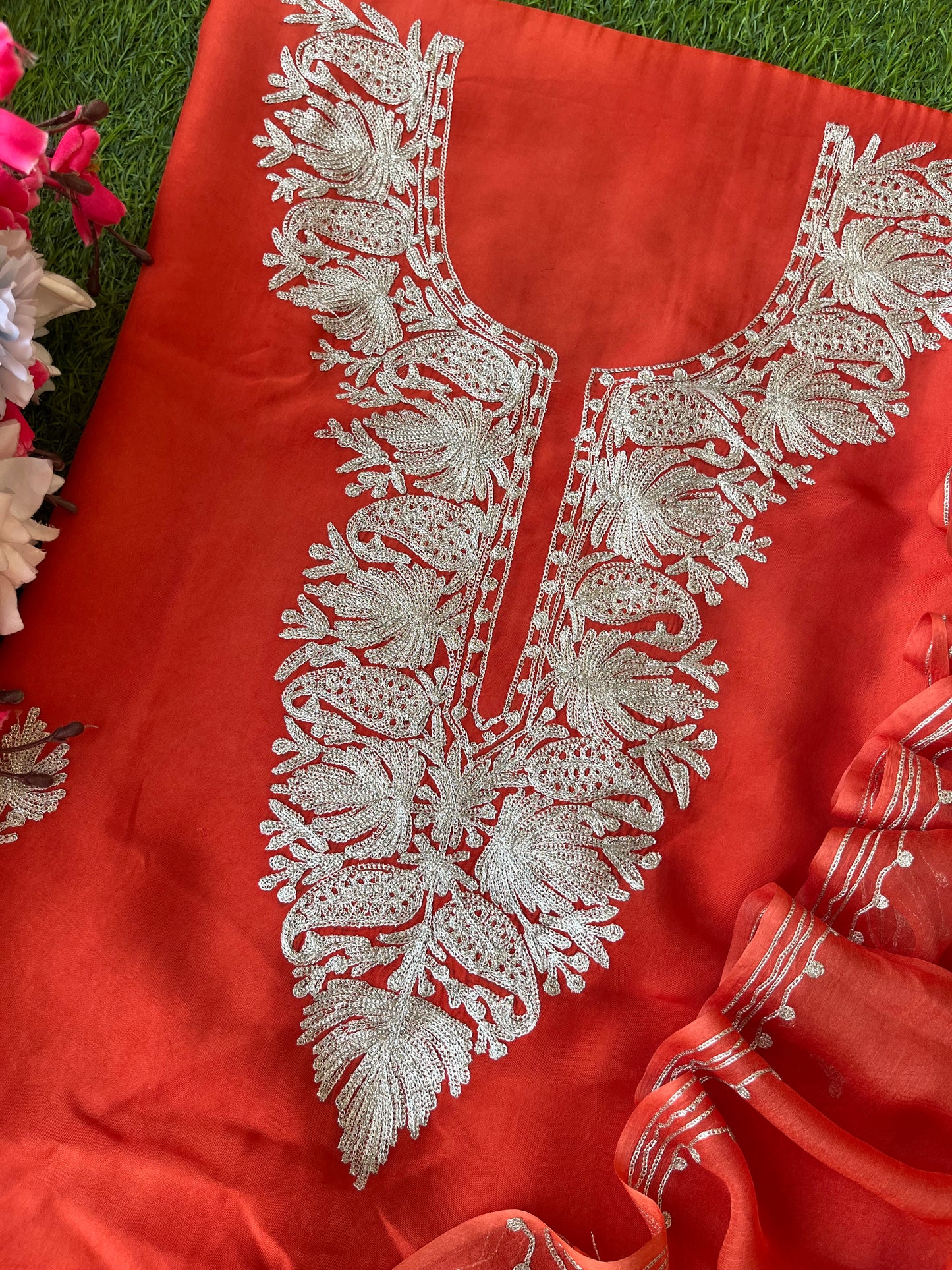 Soft Rust Silk Tilla Kashmiri Suit