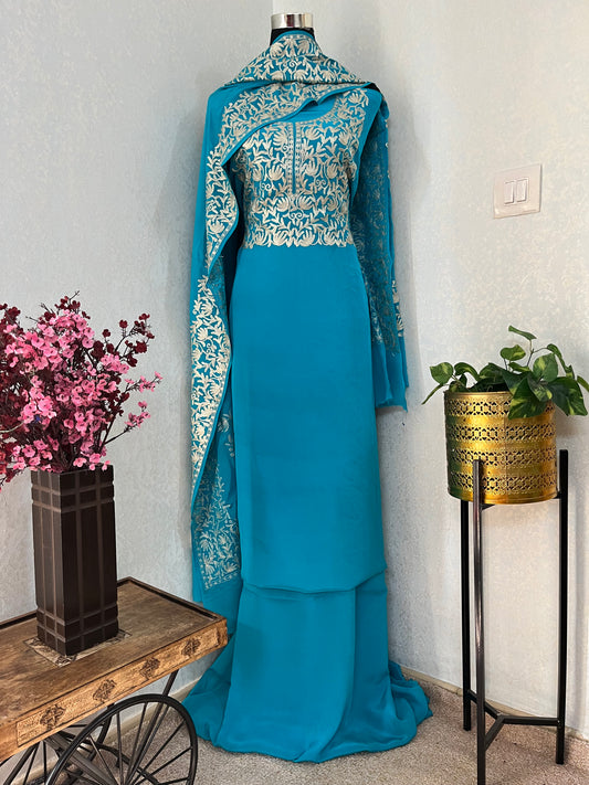 Kalaa’ Firozi Crape Kashmiri Suit