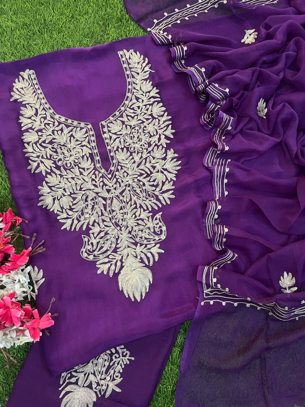 Purple Silk Tilla Kashmiri Suit