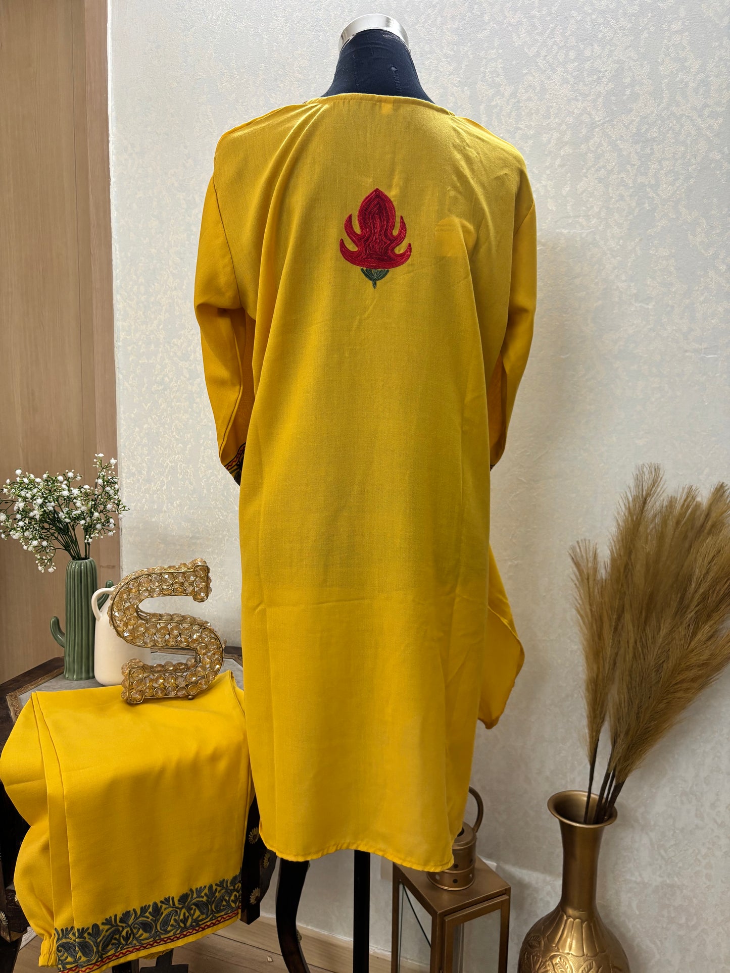 Yellow Cotton Embroidered Co-ord Set(42)