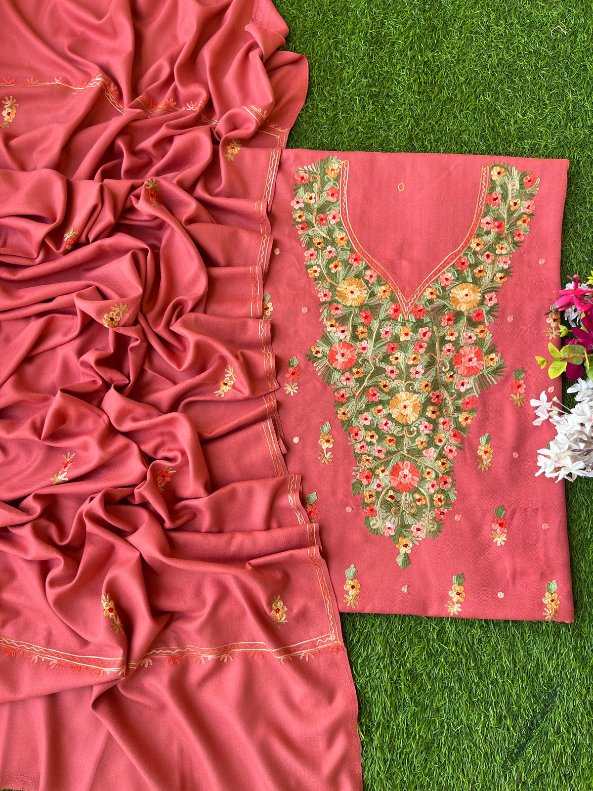 Pink Woollen Aari Embroidered 3pc suit