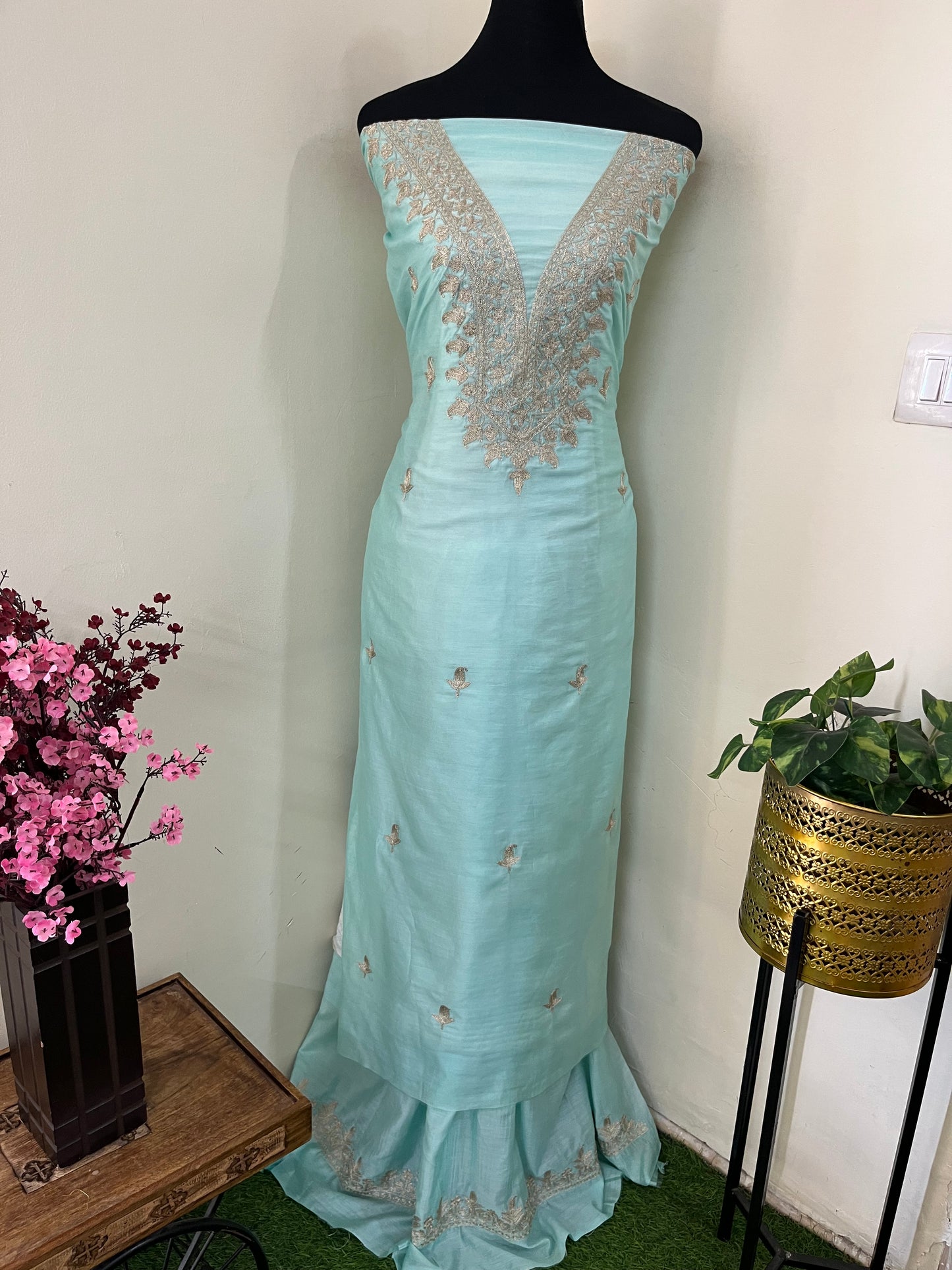 Sky Blue Chanderi Silk Kashmiri Suit
