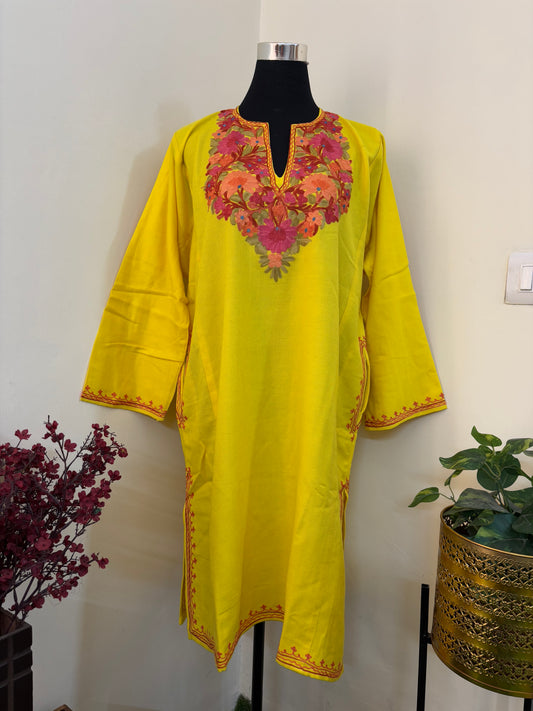 Yellow Aari Embroidered Wool Pheran