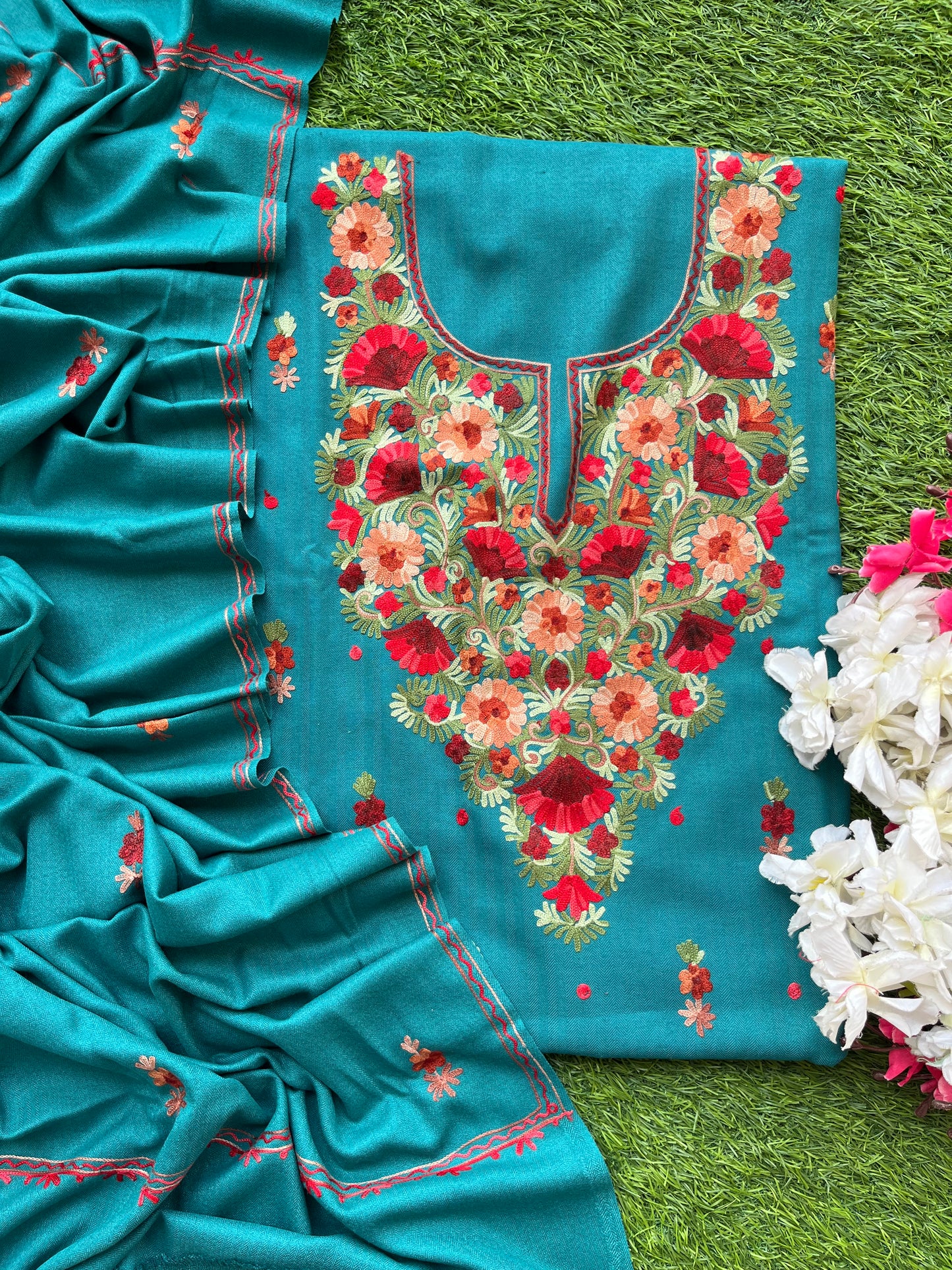 Peacock Blue Woollen Aari Embroidered 3pc suit