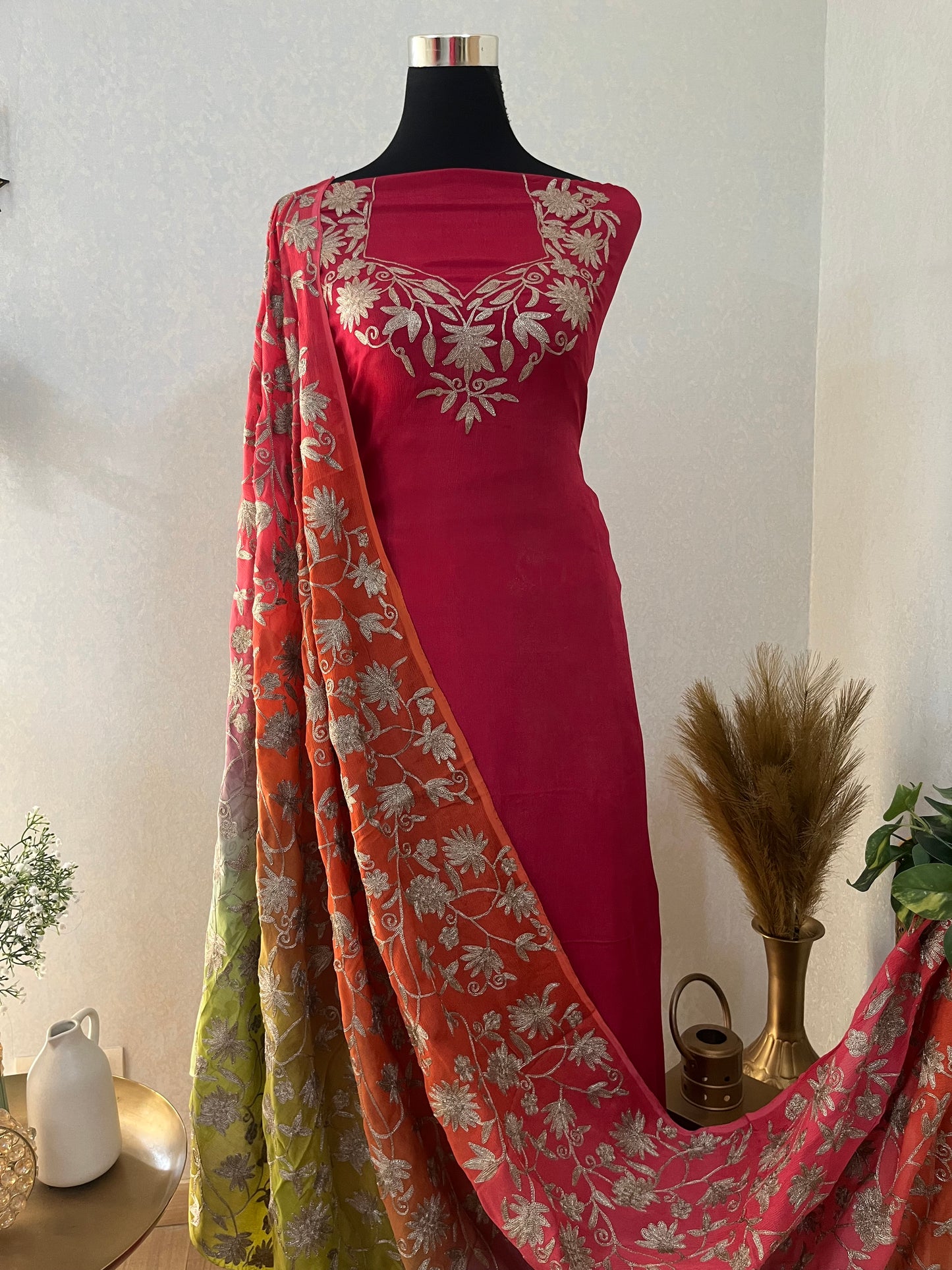Coral Pink Pure Chinon 3 Pc Heavy Kashmiri Suit