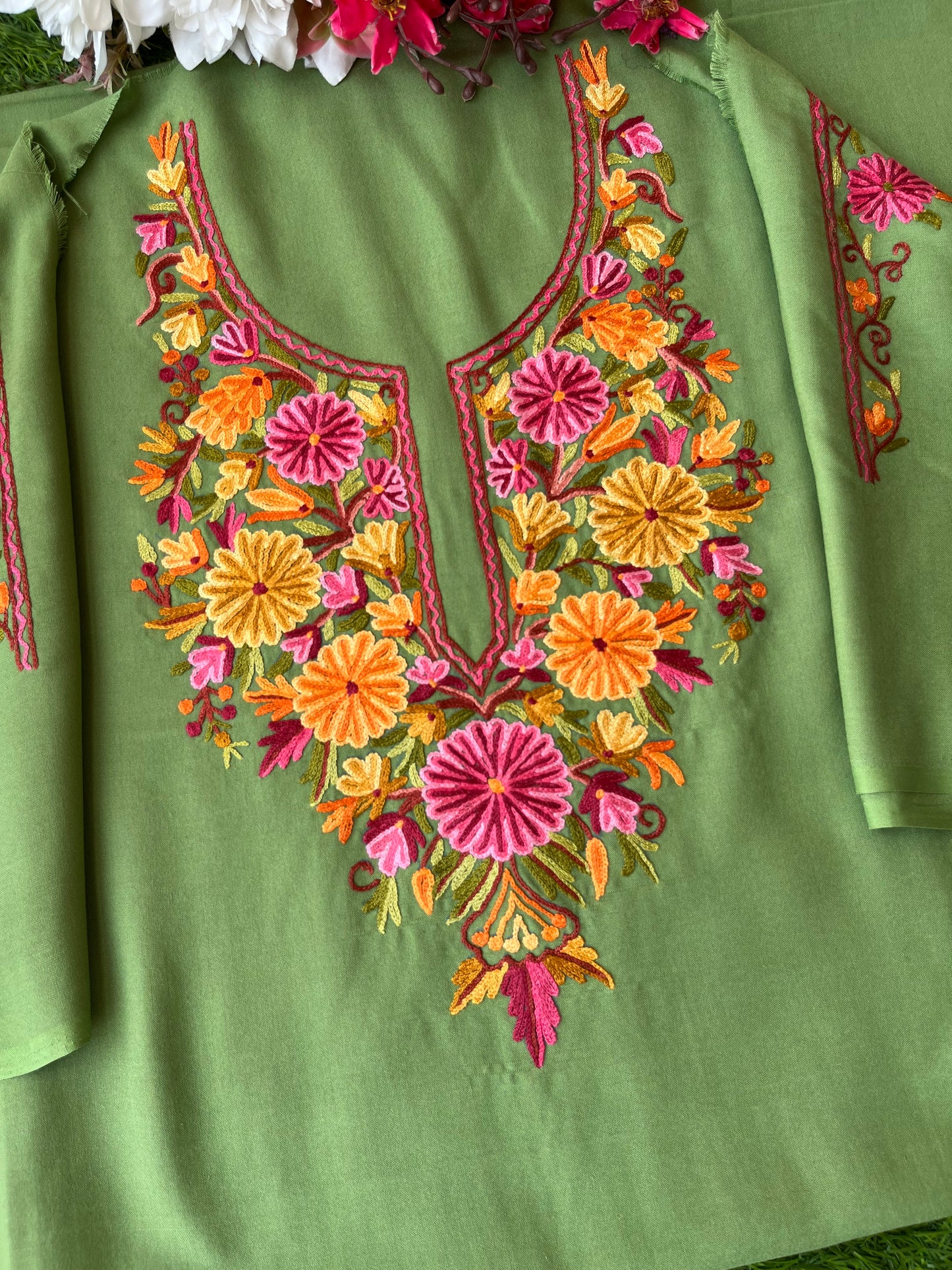 Green Cotton Two Piece Suit (Hand Embroidered)