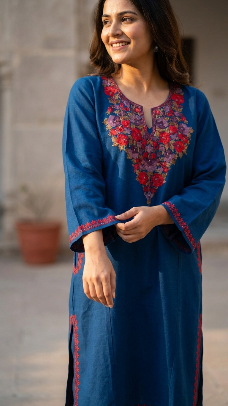Peacock Blue Aari Embroidered Wool Pheran