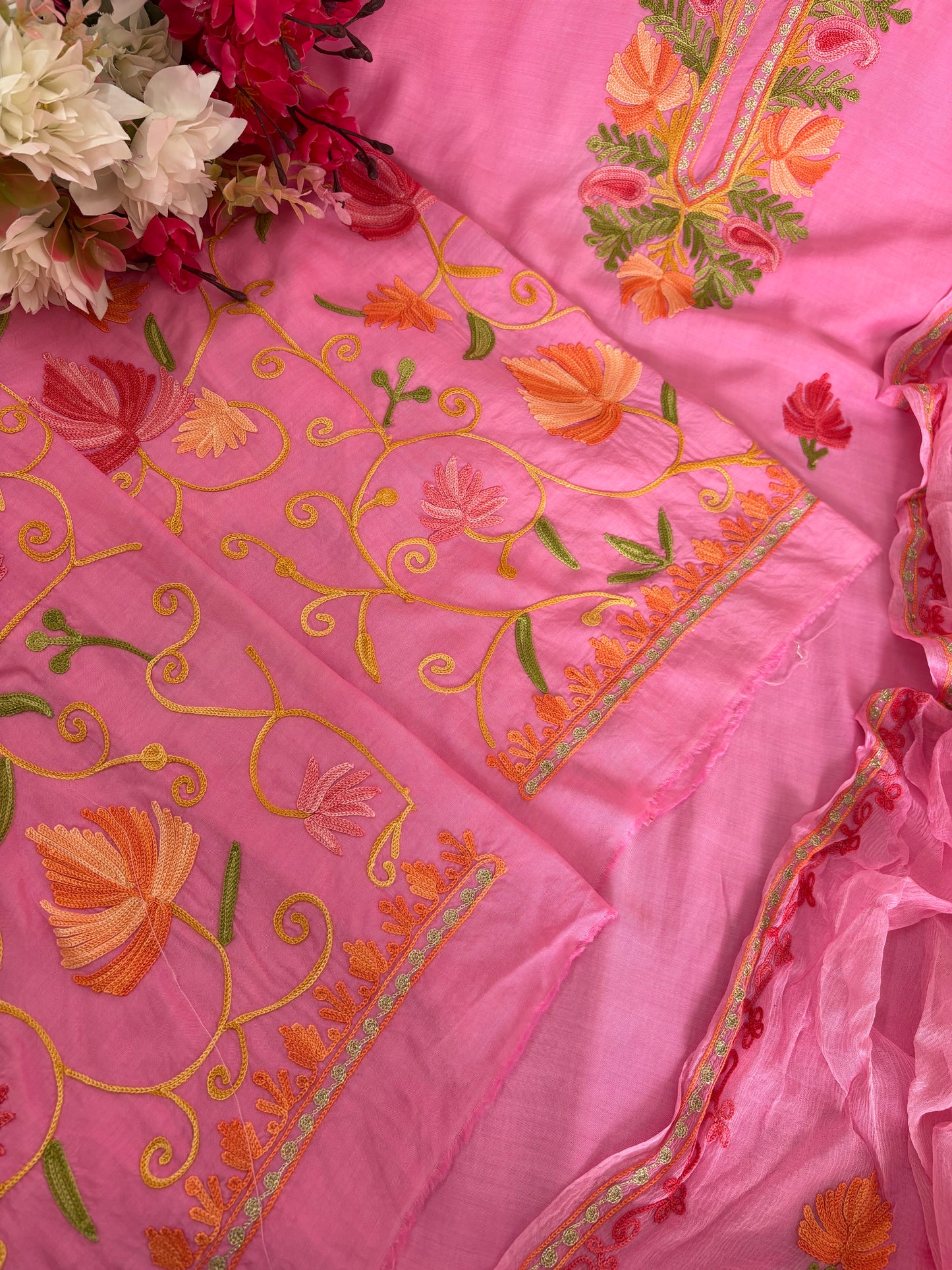 Soft Pink Muslin Cotton Jaal Sleeves Kashmiri 3pc Suit