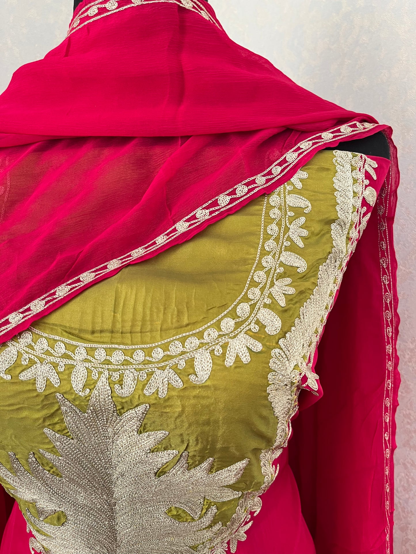 Fuchsia Pink Crape Kashmiri Suit with Clutch