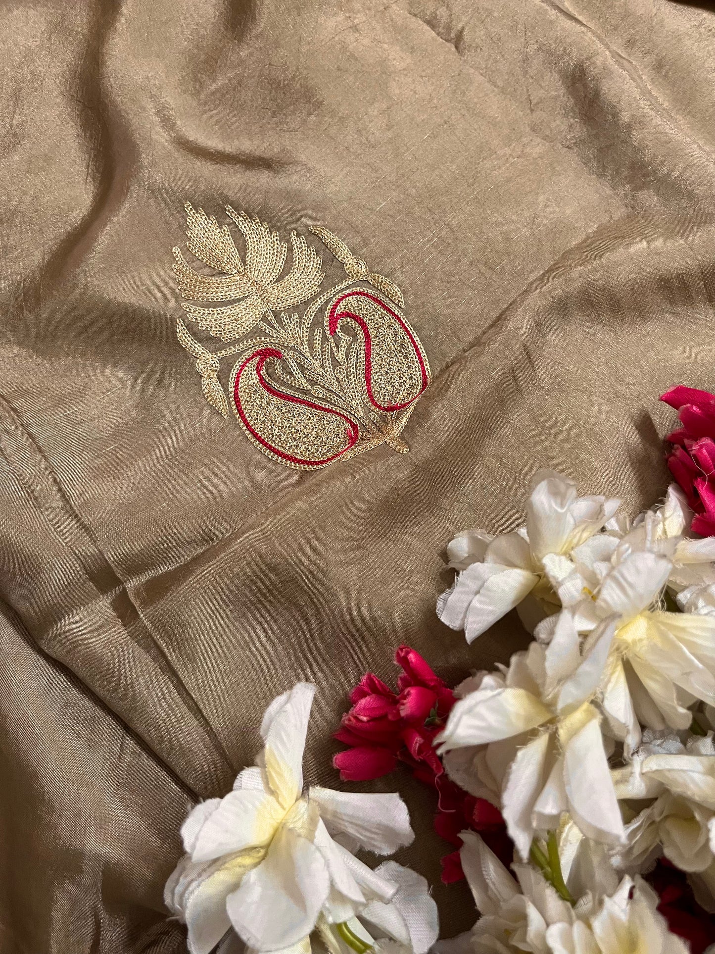 Golden Beige Silk Aari Tilla Fusion Suit