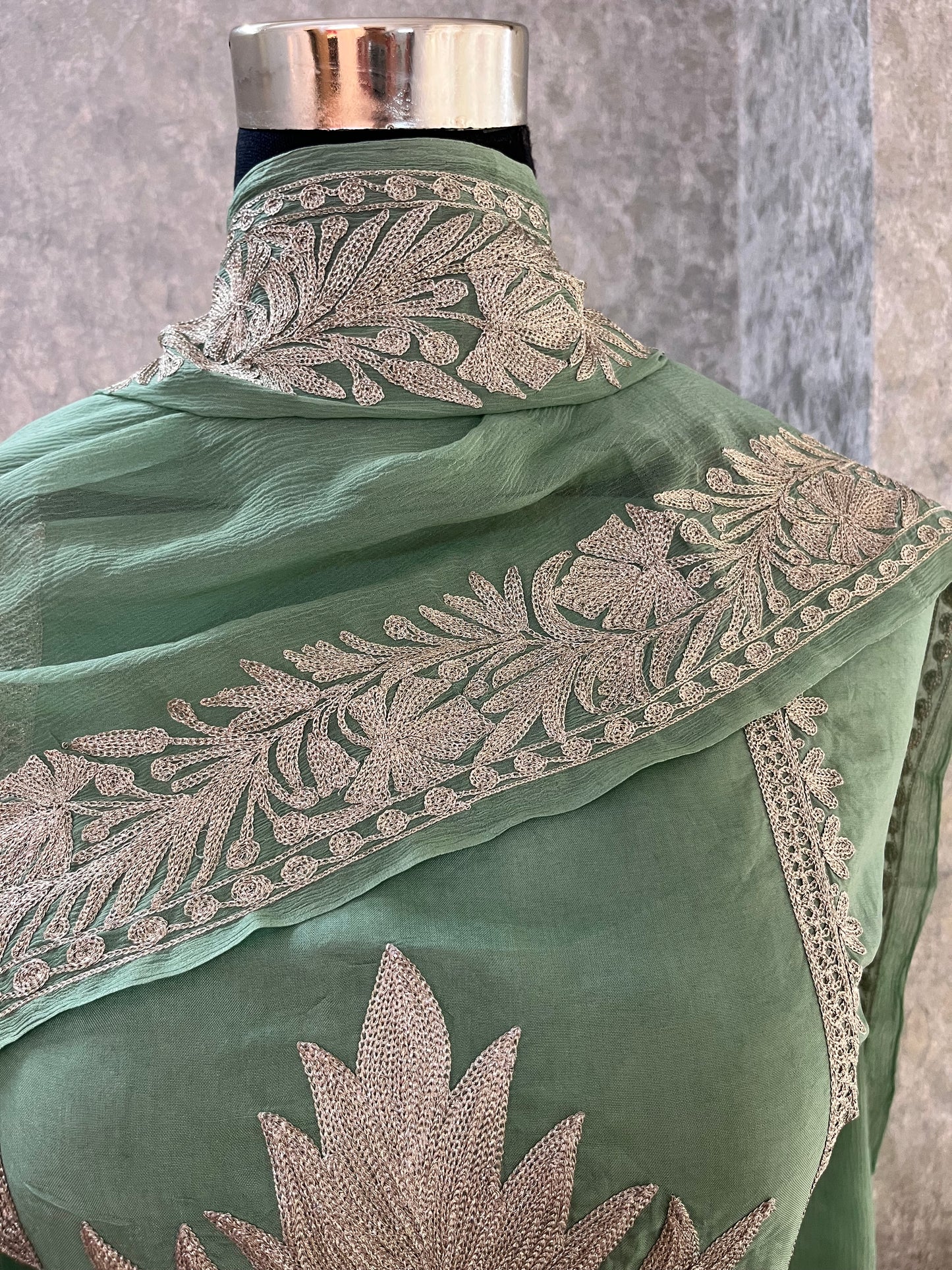 Tea Green Sanam’ Tilla Kashmiri Silk Suit