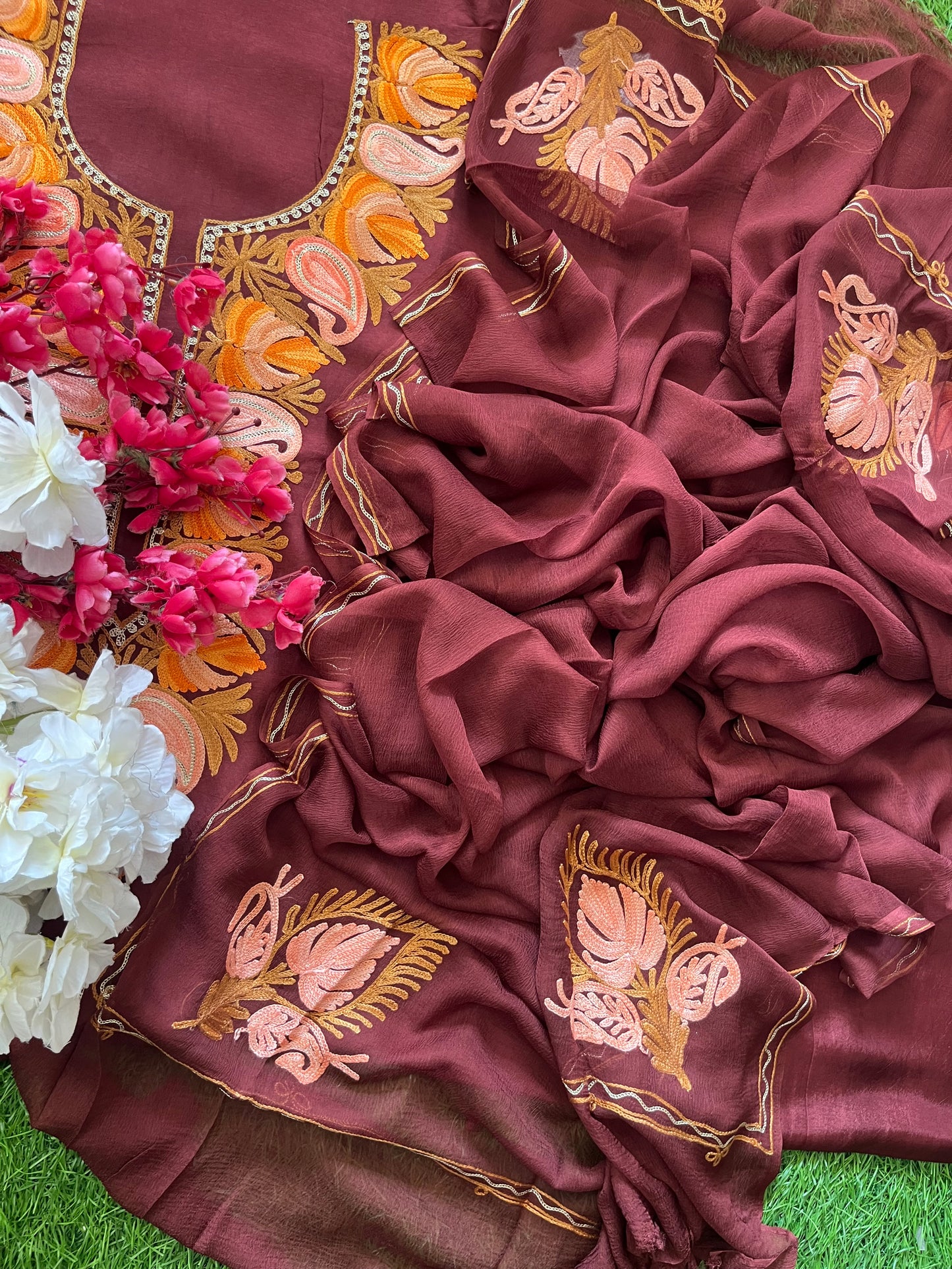 Chocolate Brown Opada Silk Aari Embroidered Suit material