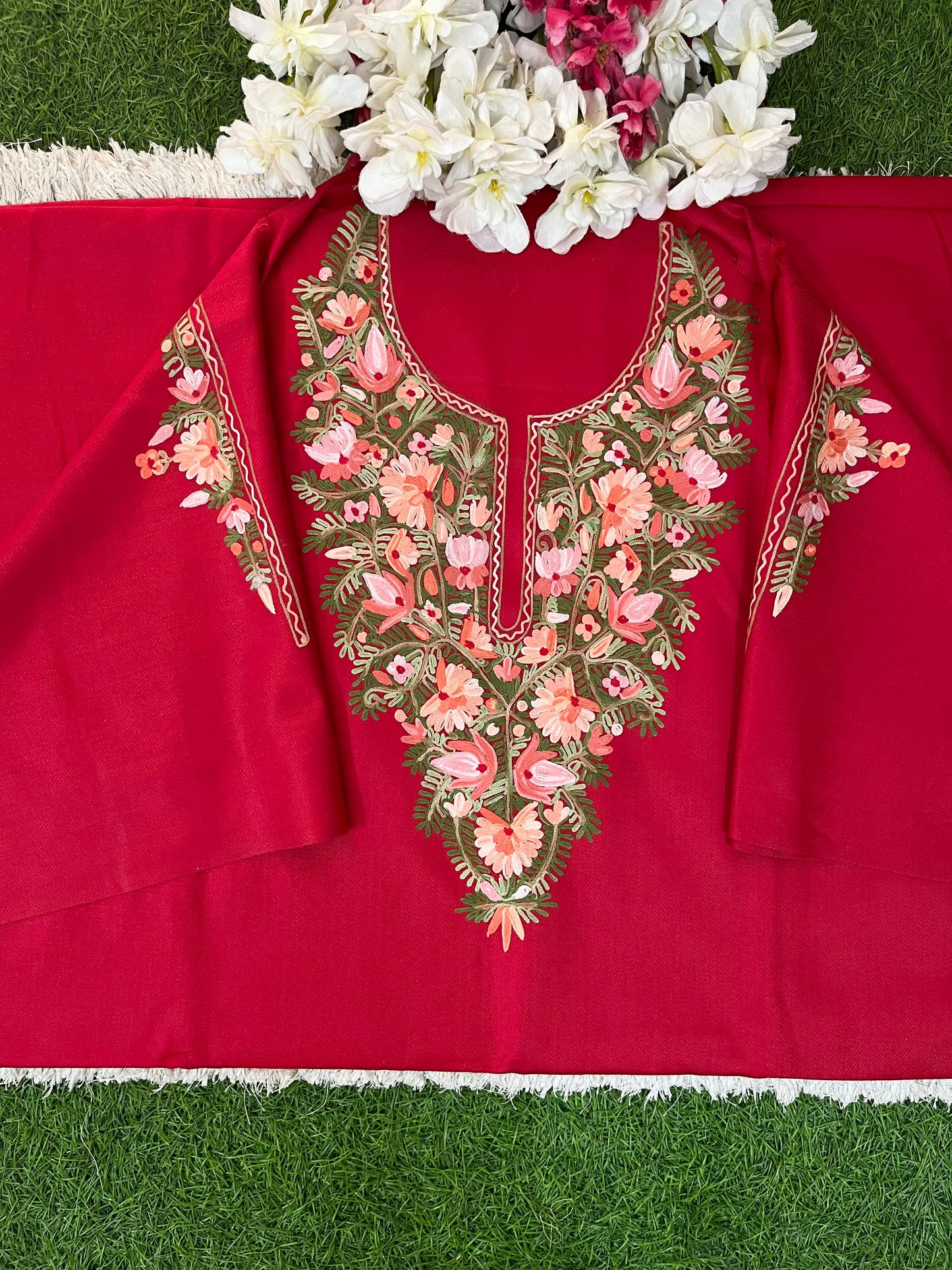 Red Woollen Aari Embroidered 2pc suit 5mtr