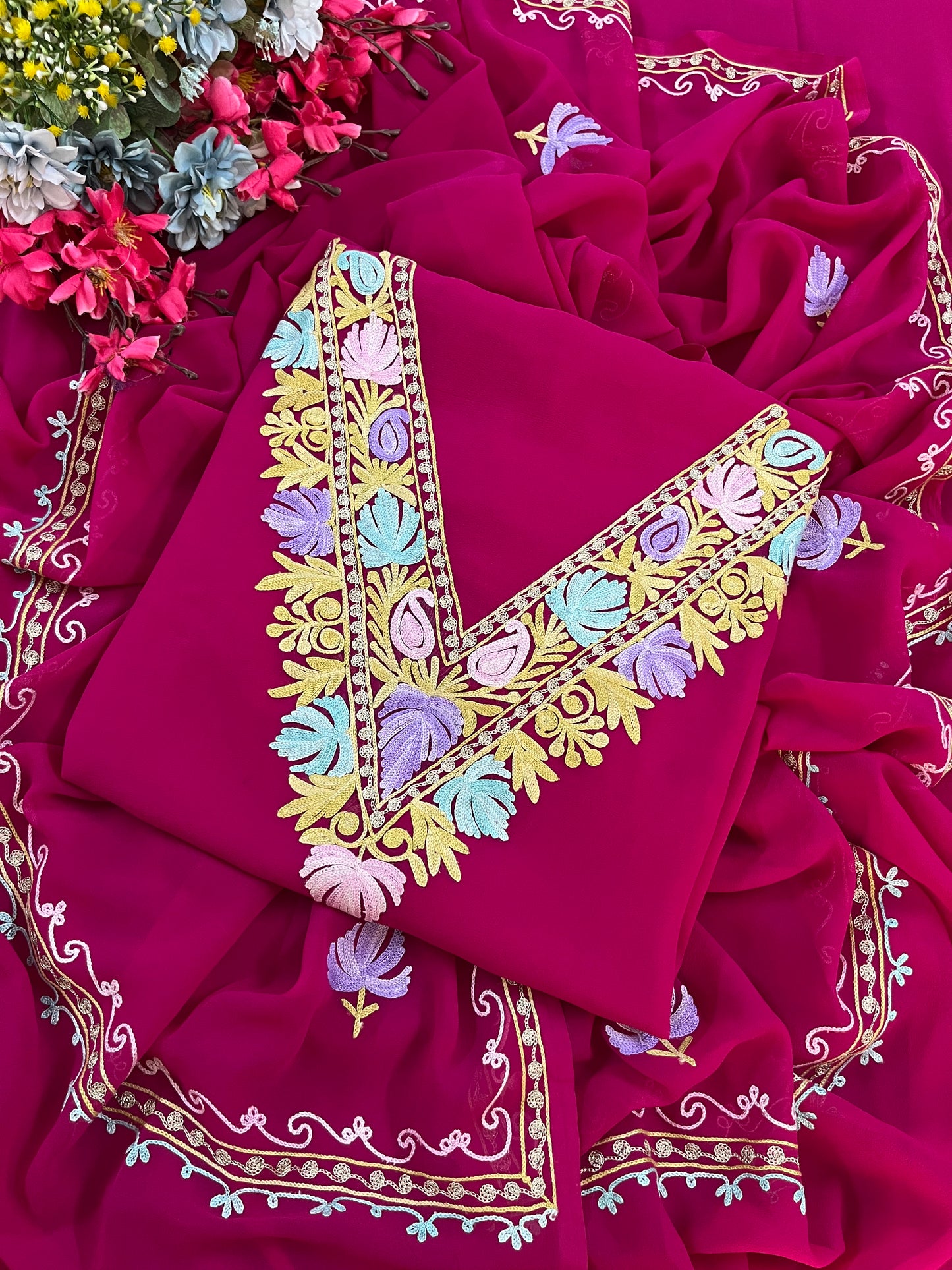 Hot Pink Georgette 3 Pc Aari Embroidered Suit Set