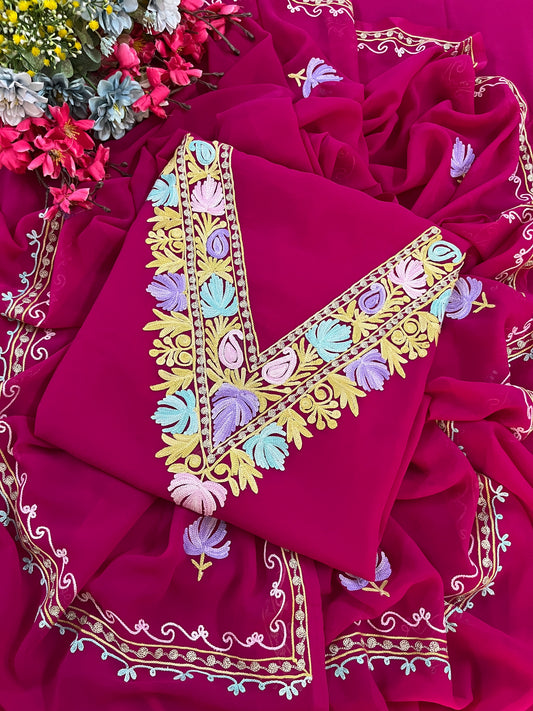 Hot Pink Georgette 3 Pc Aari Embroidered Suit Set