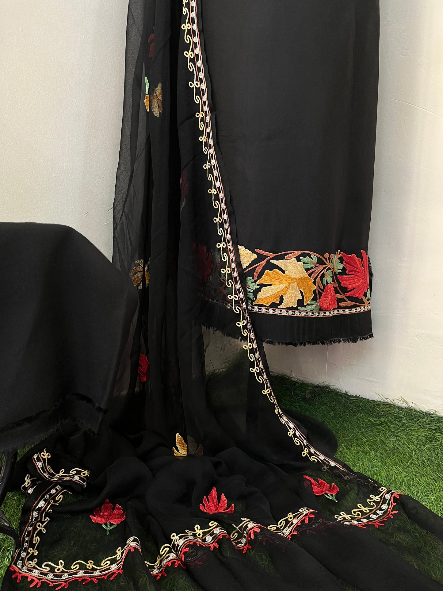 Black Opada Silk Aari Embroidered Suit material