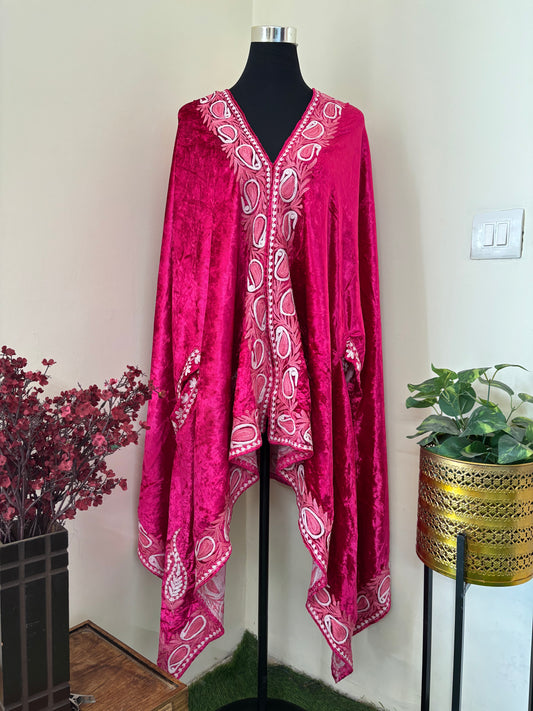 Hot Pink Aari Embroidered Makhmal Cape