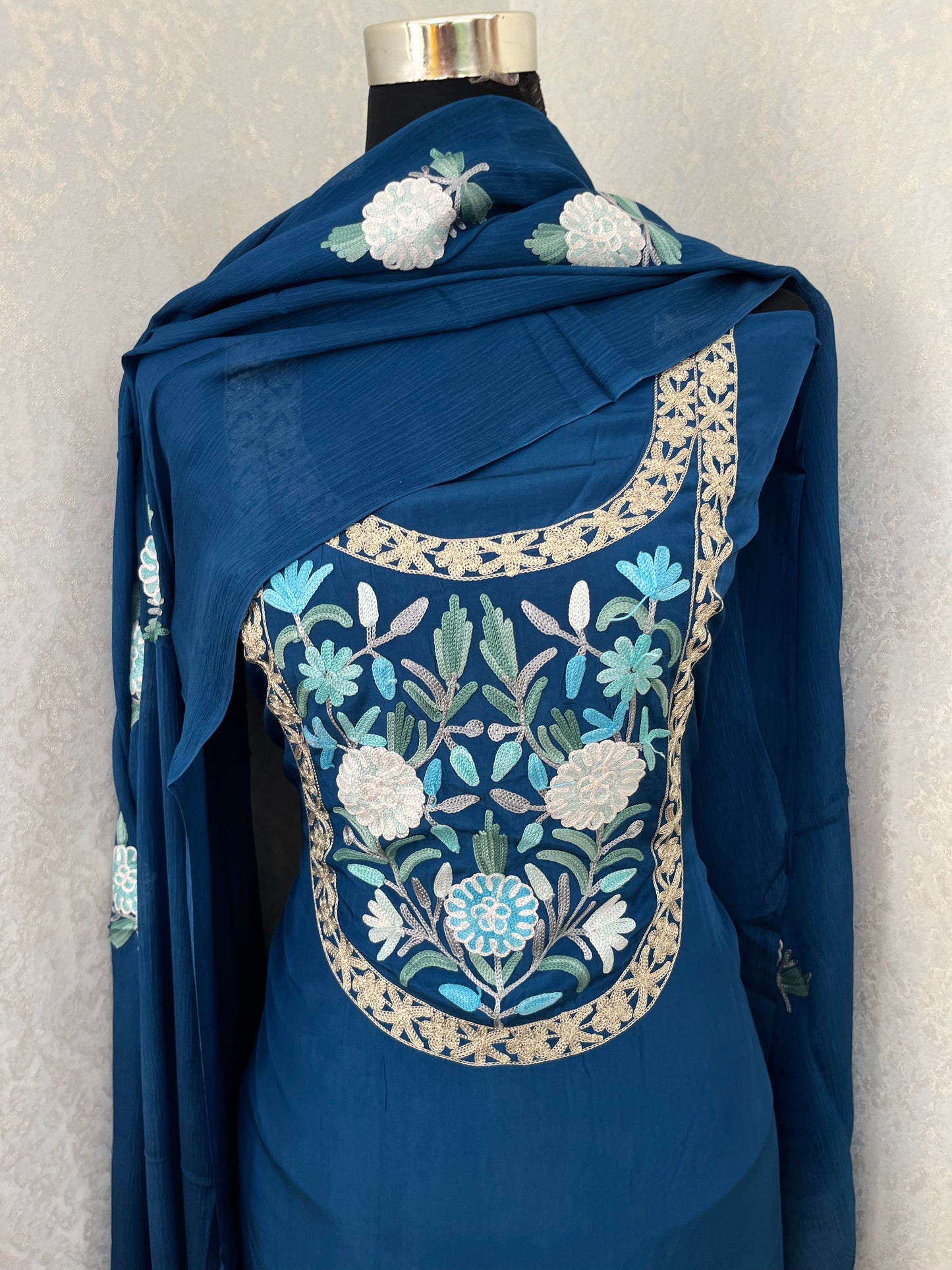 Cobalt Blue Kalaa’ Crape Kashmiri Suit