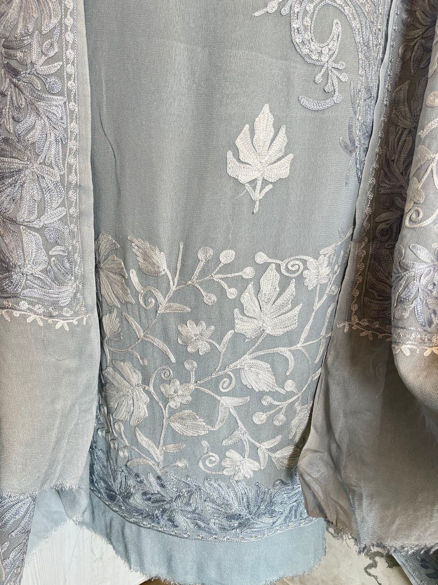 Grey Pure Georgette Aari Embroidered Suit