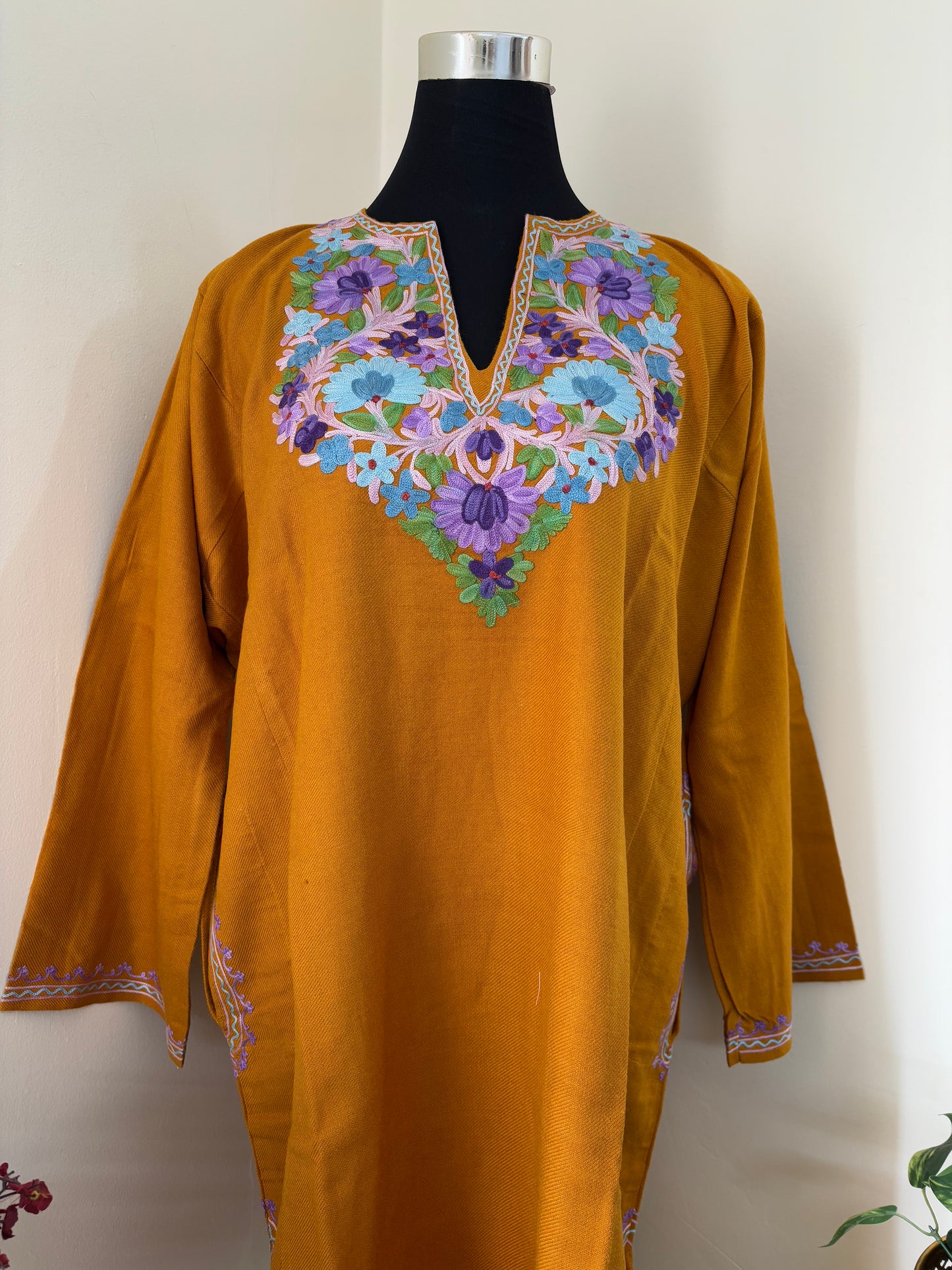 Mustard Yellow Aari Embroidered Wool Pheran