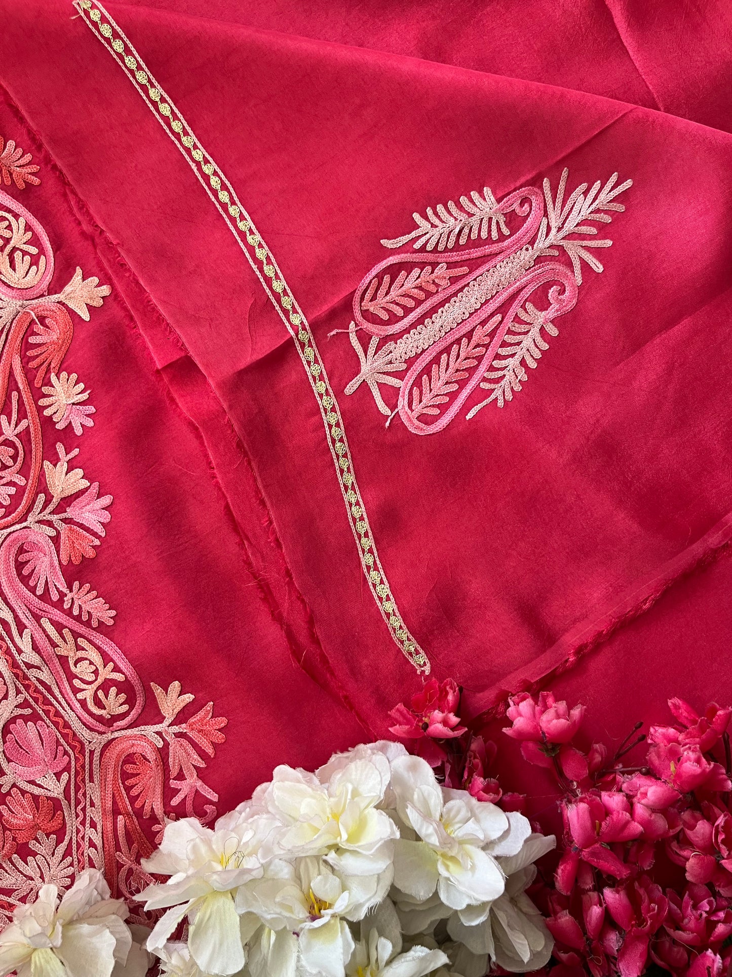 Carrot Pink Opada Silk Aari Embroidered Suit material