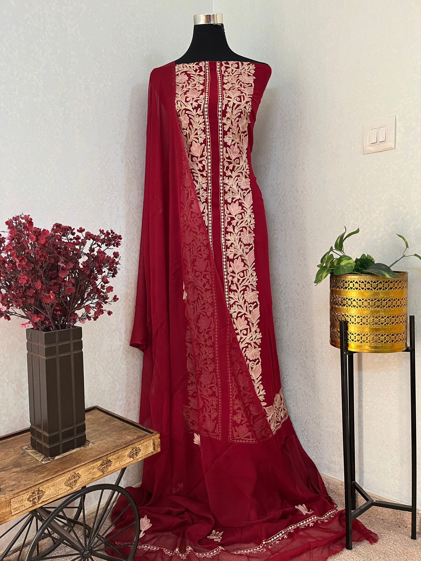 Maroon Pure Georgette Achkan Kashmiri Suit