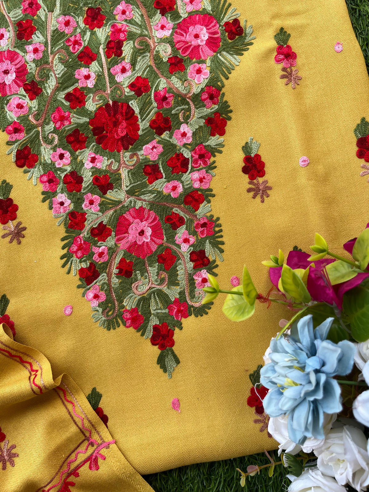 Yellow Woollen Aari Embroidered 3pc suit