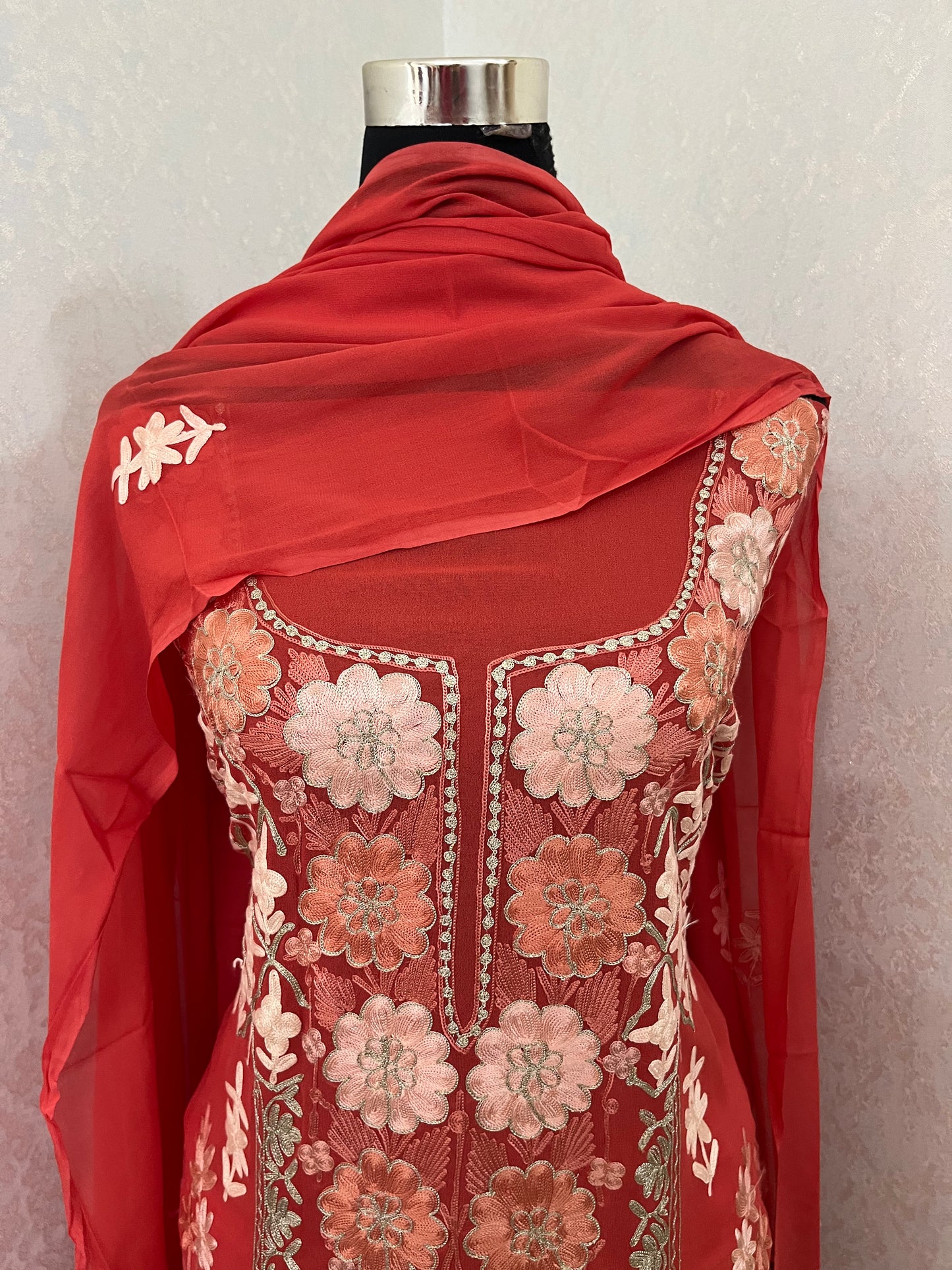 Soft Peach Pure Georgette 3 Pc Heavy Kashmiri Suit