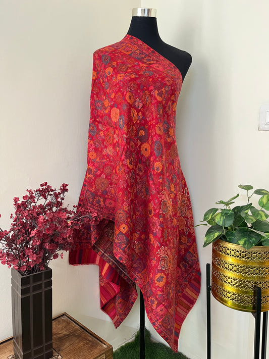 Red Kani Zari Fine Semi Pashmina stole