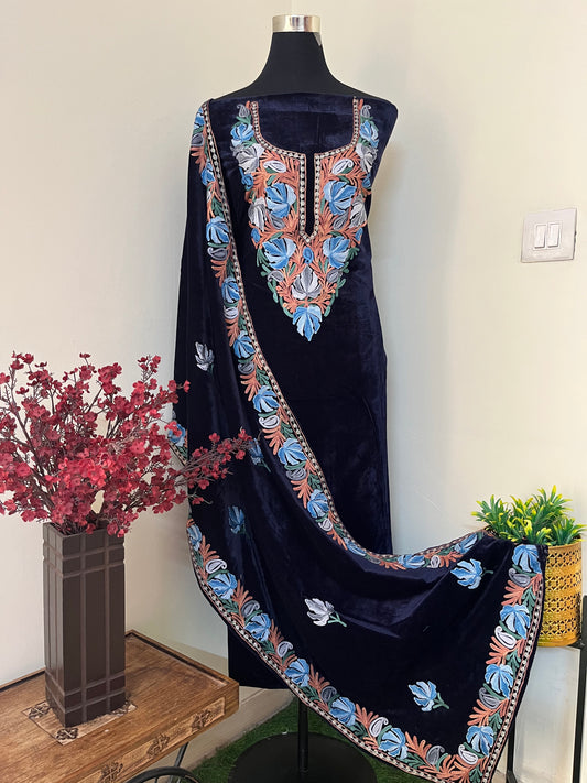 Blue Aari Embroidered Velvet 2pc Suit Material