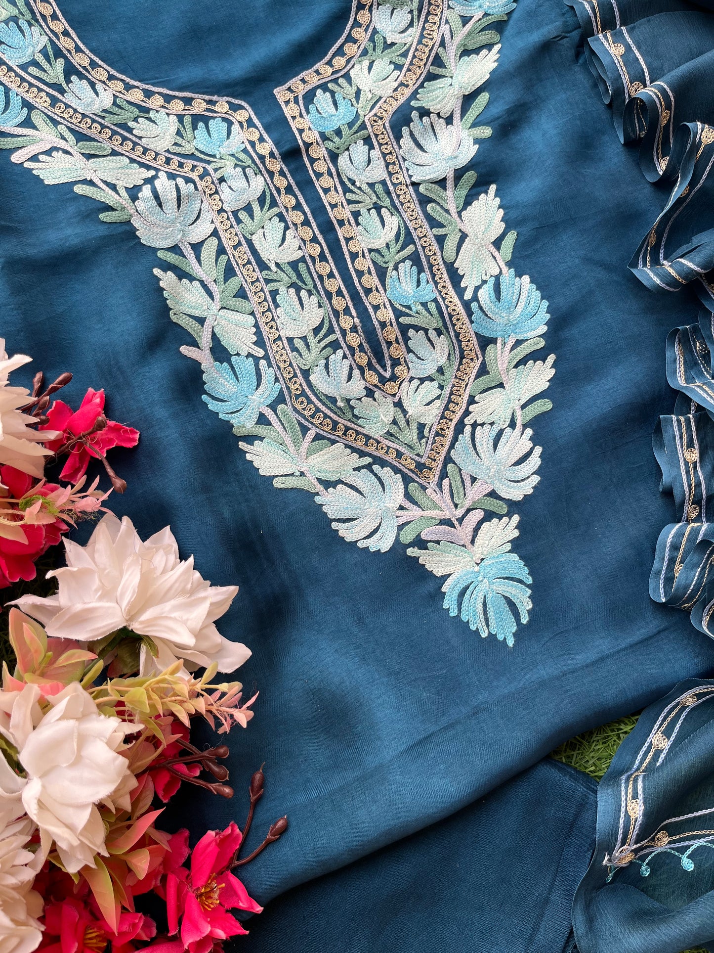 Blue Opada Silk Kashmiri Suit