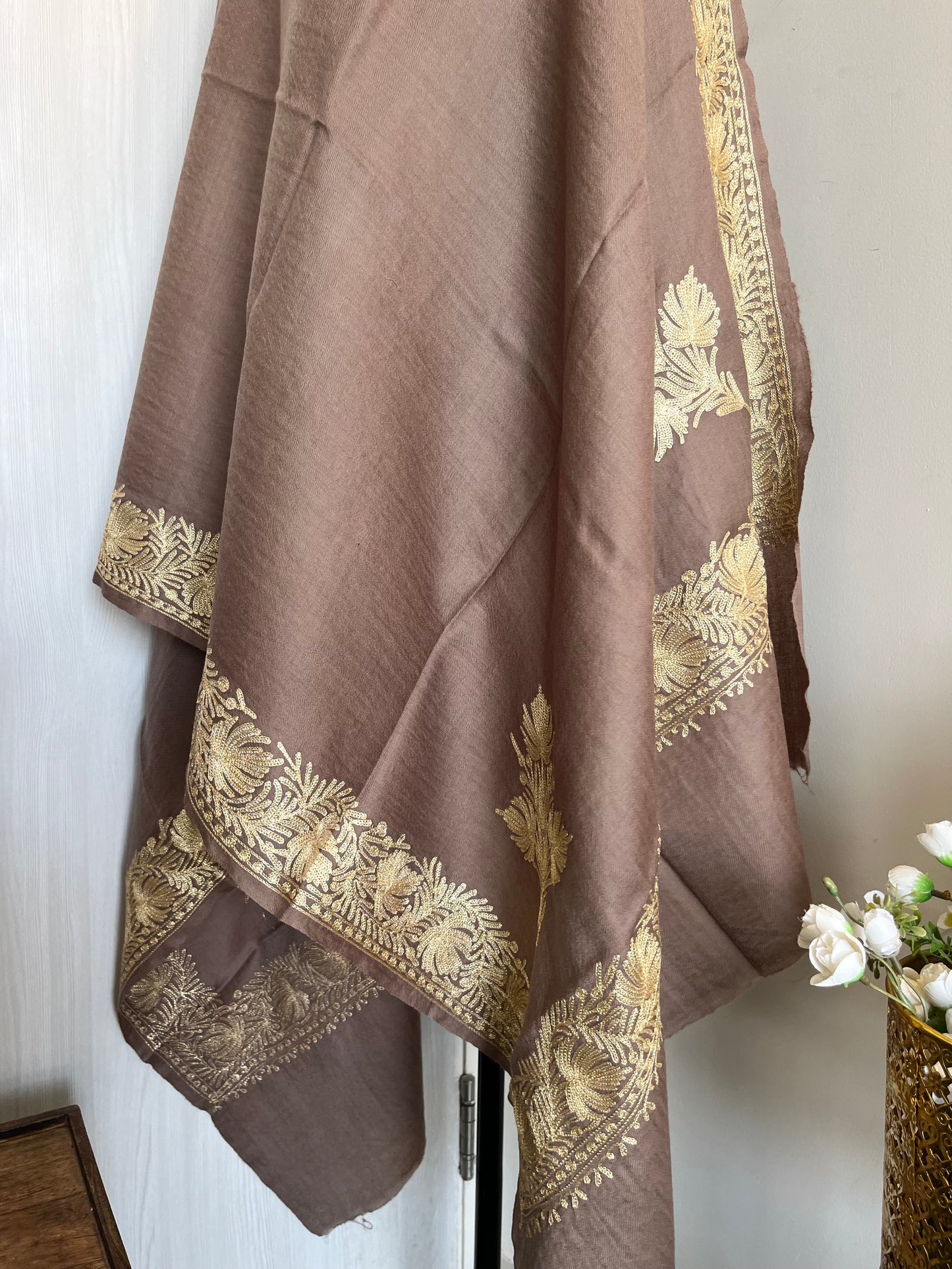 Beige Fine Semi Pashmina Tilla Embroidered stole