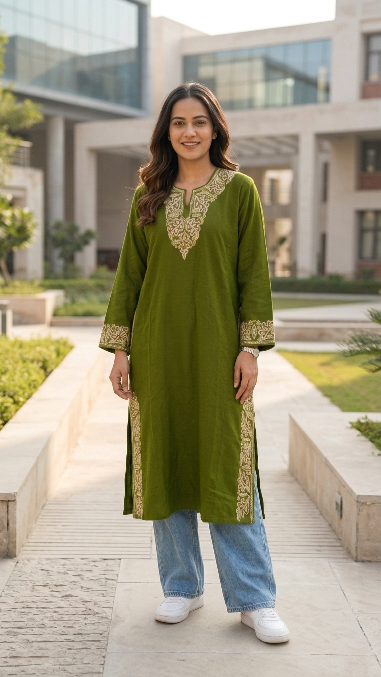 Green Aari and Sozni Hand Embroidered Pure Wool Pheran