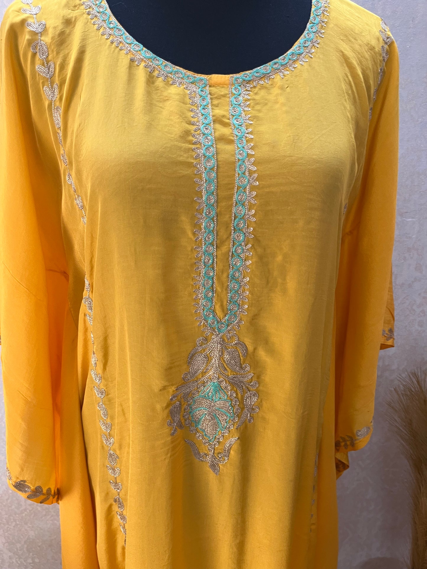 Yellow Crape Front Back Kashmiri Kaftan Set