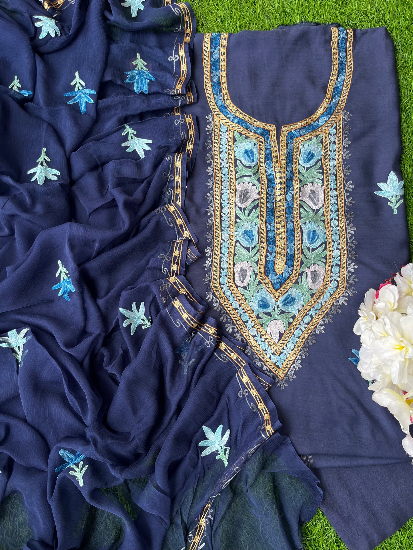 Royal Blue Muslin Cotton Aari Embroidered 3pc set