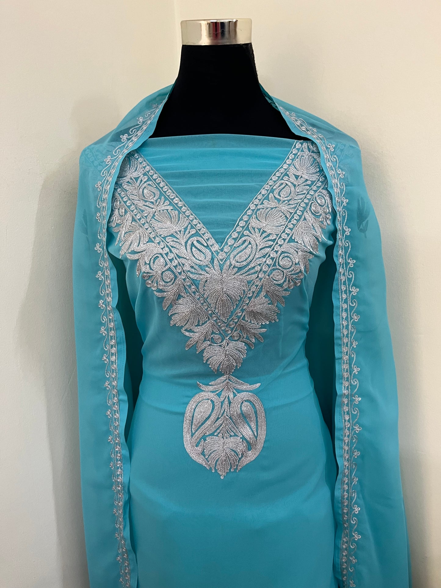 Sky blue Georgette 3pc Kashmiri Tilla Suit