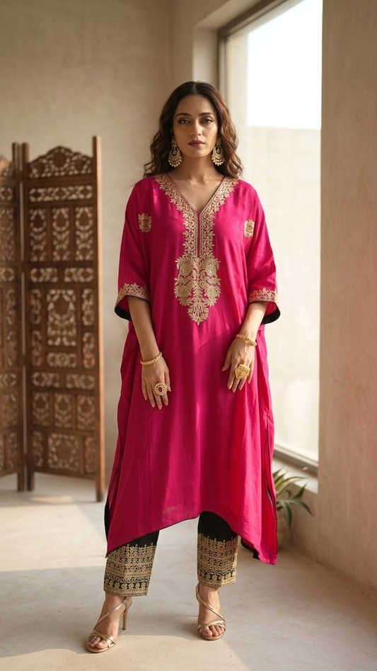 Hot Pink Crape Kashmiri Kaftan Set (44)