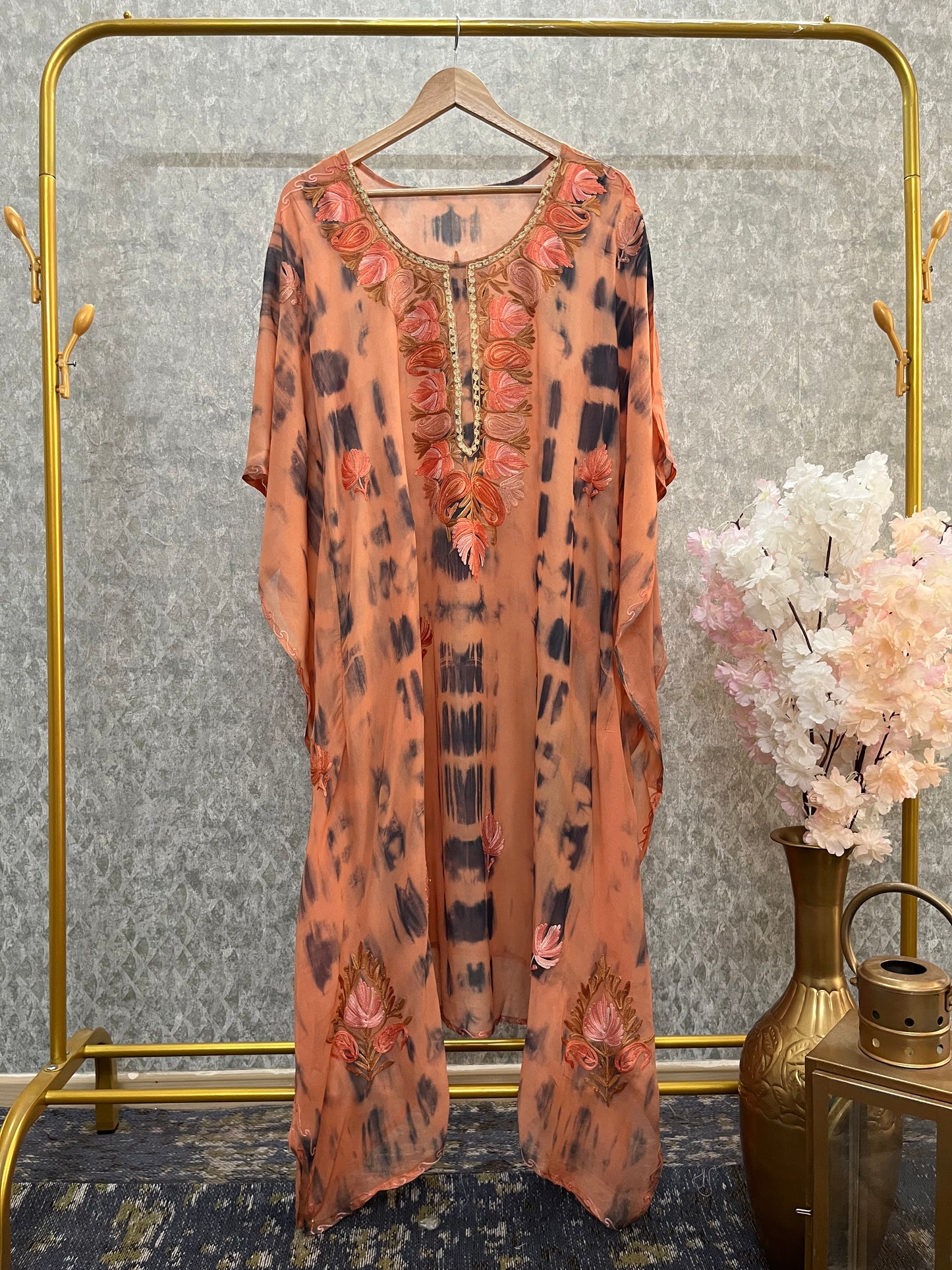 Orange Pure Georgette Shibori Kaftan Size (46)
