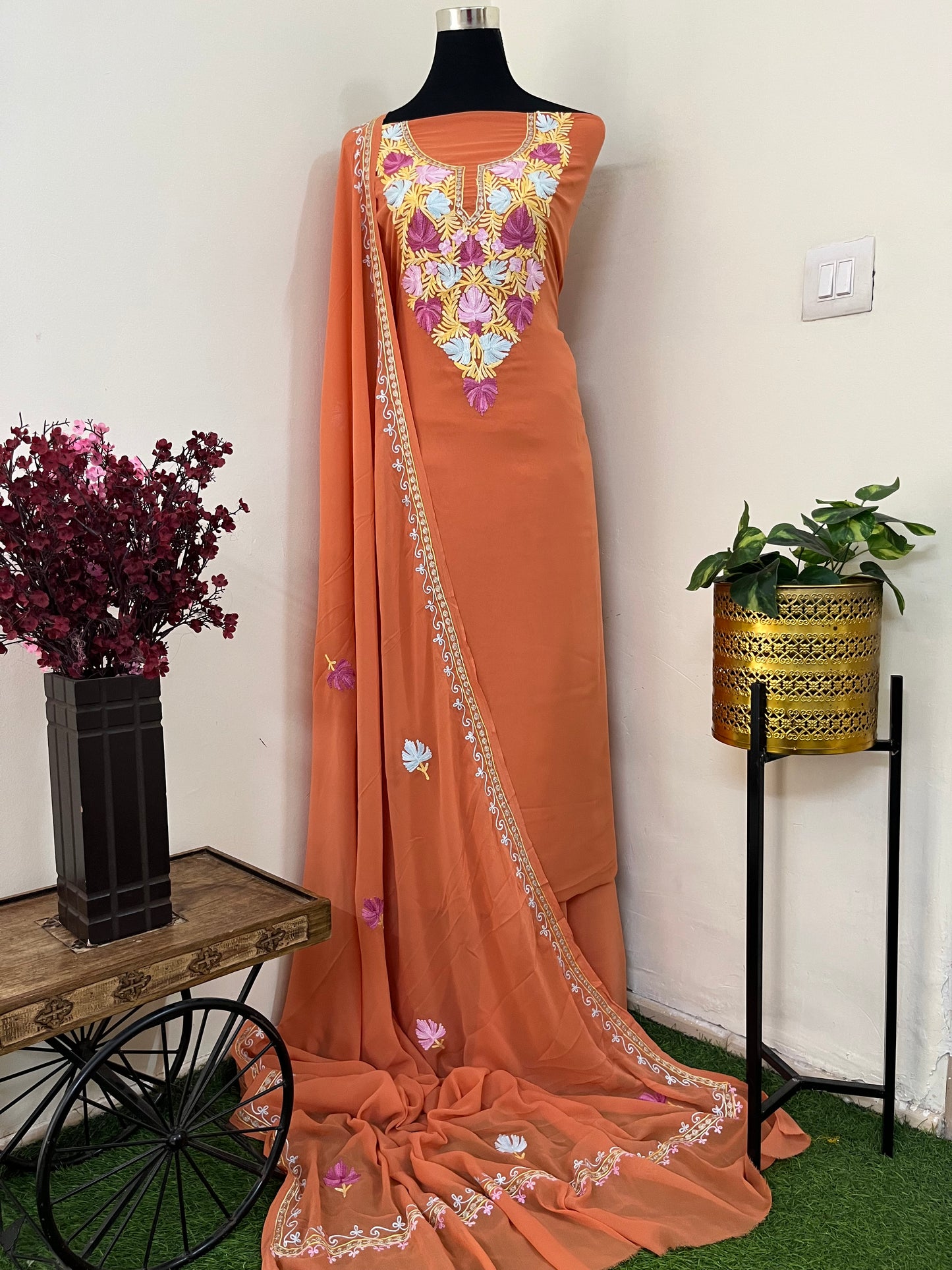 Soft Orange Georgette 3 Pc Aari Embroidered Suit Set