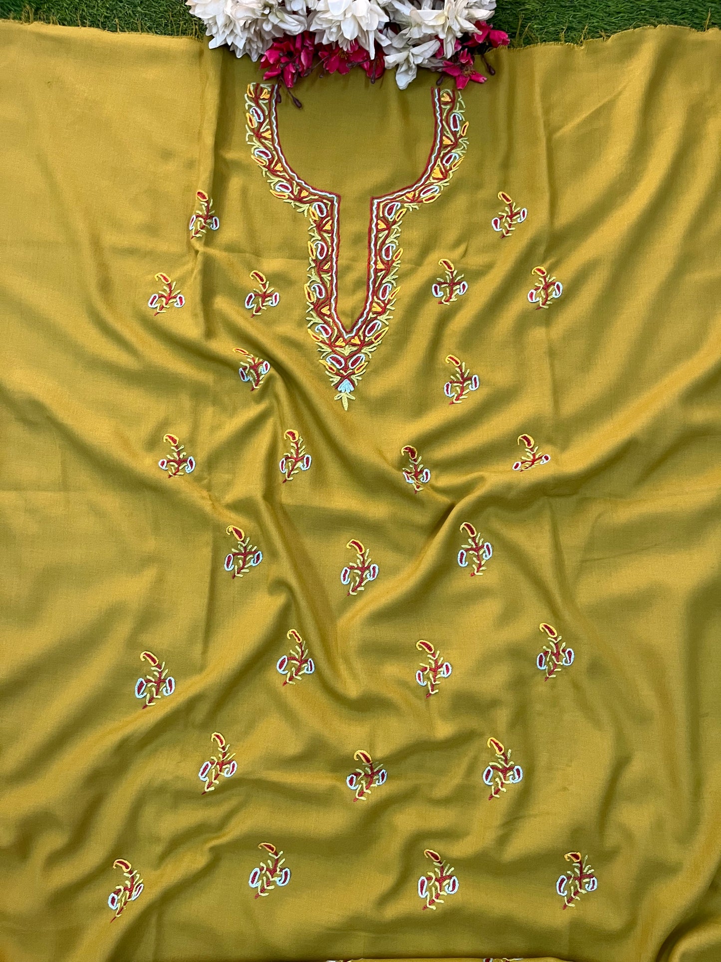 Lime Green Cotton Two Piece Suit (Hand Embroidered)