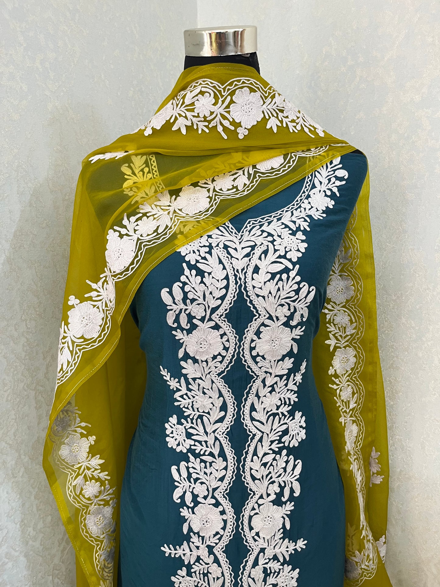 Teal Blue Chanderi Silk Kashmiri Suit