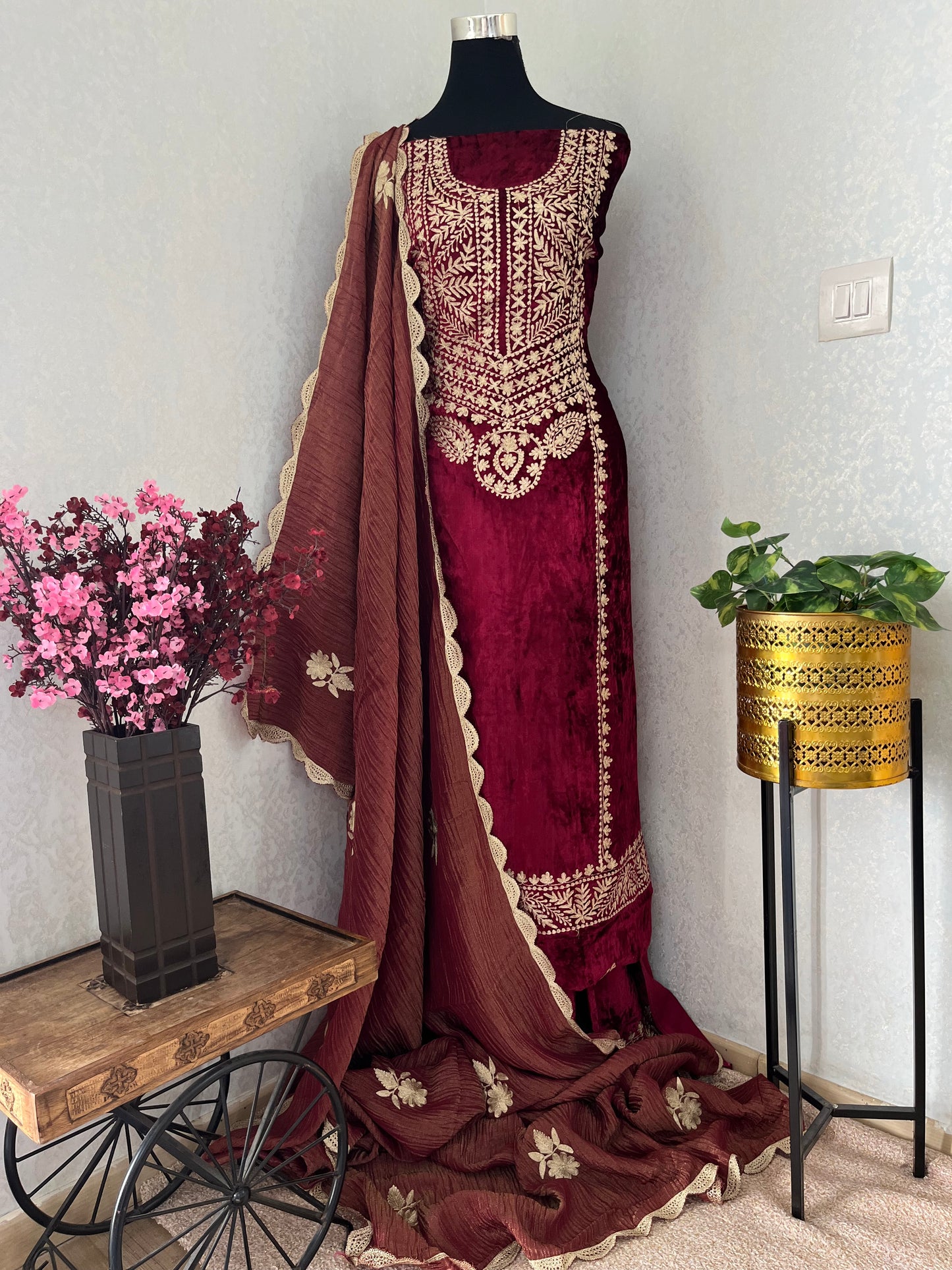 Maroon Tilla Pure Makhmal 3pc Suit