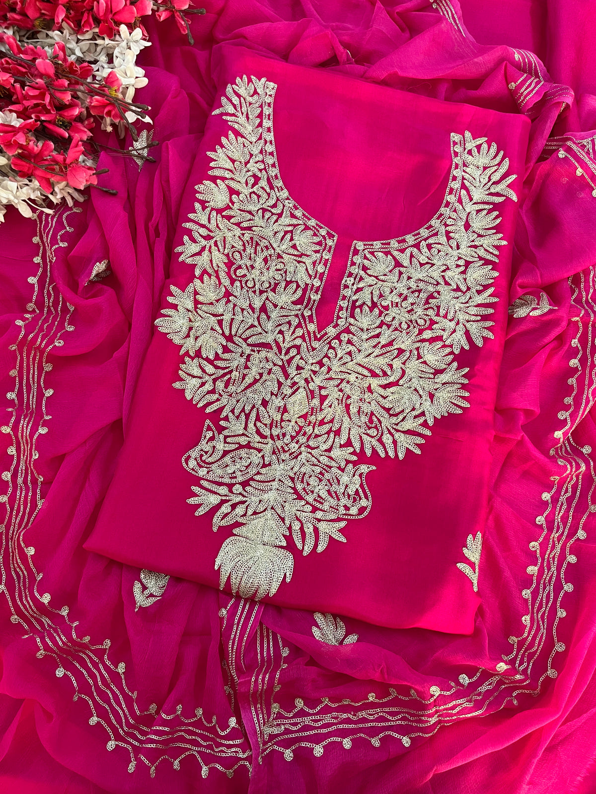 Hot Pink Silk Tilla Kashmiri Suit