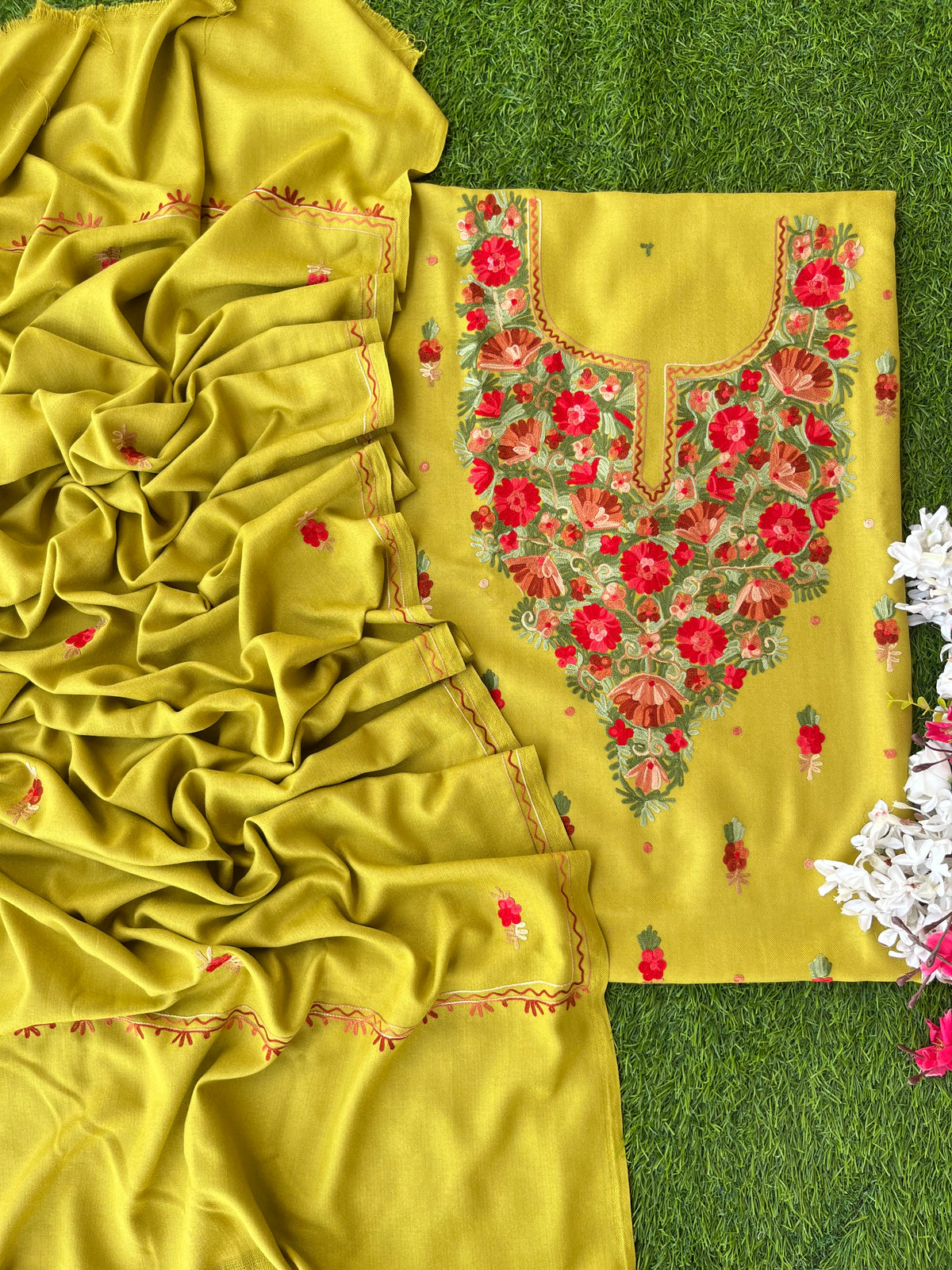 Lemon Green Woollen Aari Embroidered 3pc suit