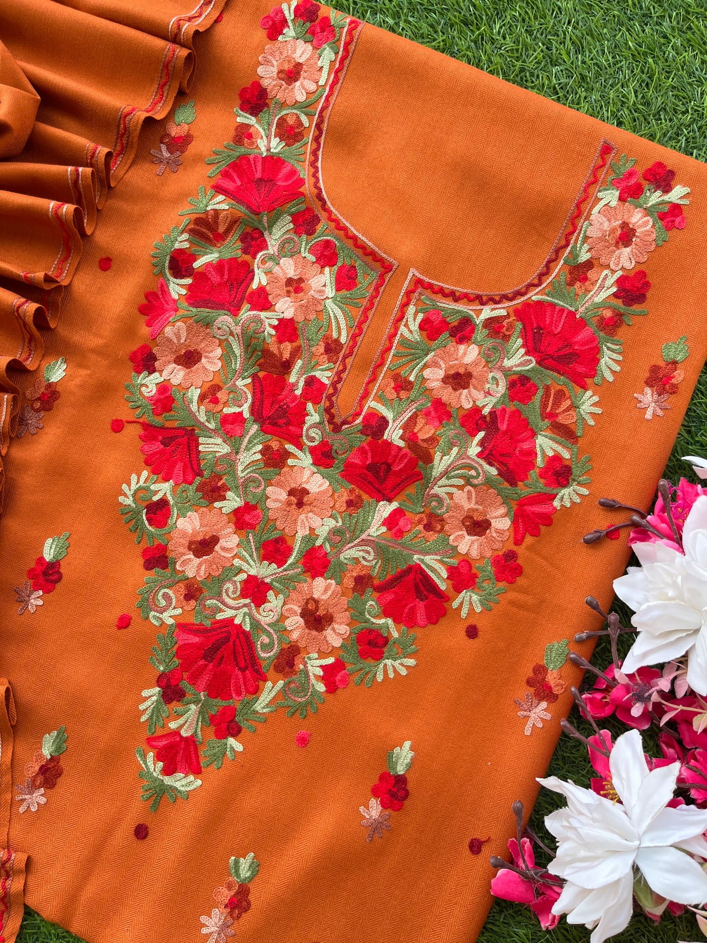 Orange Woollen Aari Embroidered 3pc suit